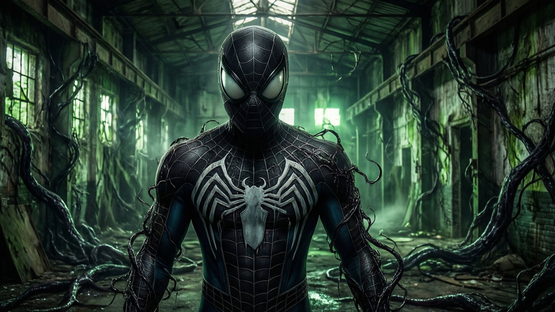 Symbiote Lair 壁紙 — 一個黑色共生體蜘蛛人挑釁地站在一個破舊的工業大廳裡，大廳長滿了發光的綠色藤蔓。
