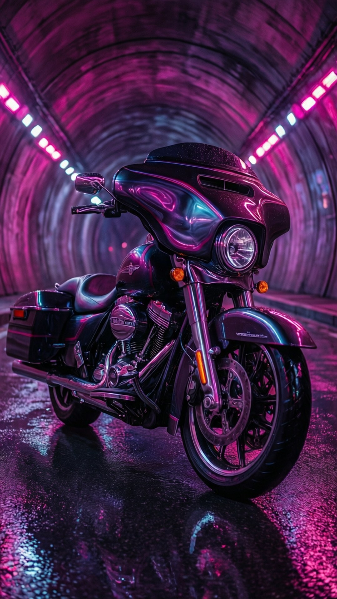 Cyberpunk Tunnel Ride 壁紙 — 一輛黑色旅行摩托車在潮濕的隧道內，在充滿活力的粉紅色霓虹燈下閃閃發光。