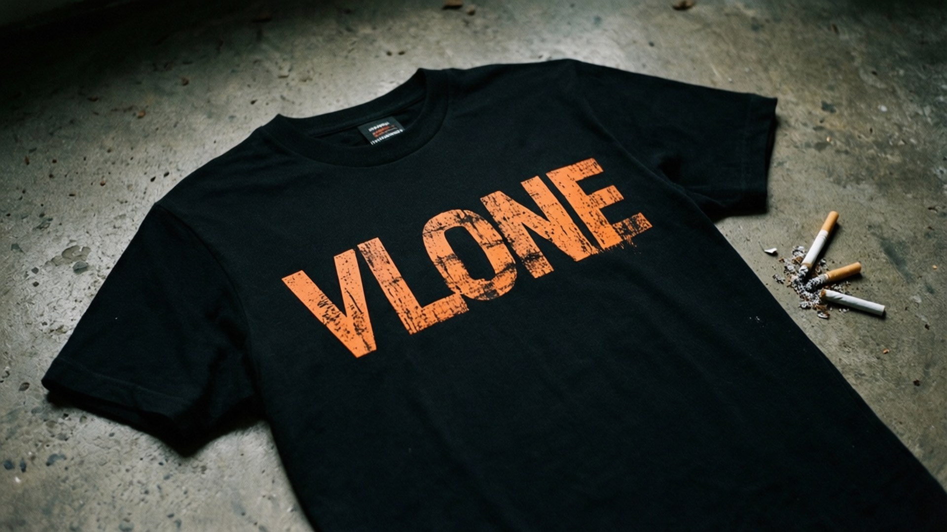 Grunge T-Shirt 壁紙 — 一件黑色Vlone T恤，帶有橙色磨損字母，躺在粗糙的混凝土地板上，旁邊有丟棄的煙蒂。