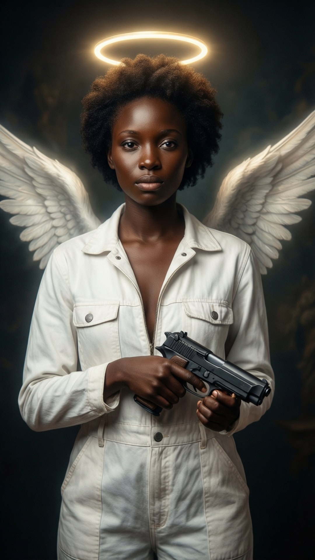 Angel of Heist 壁紙 — 一位黑人女性，留著非洲式髮型，長著白色天使翅膀，在黑暗背景下的發光光環下握著一把手槍。