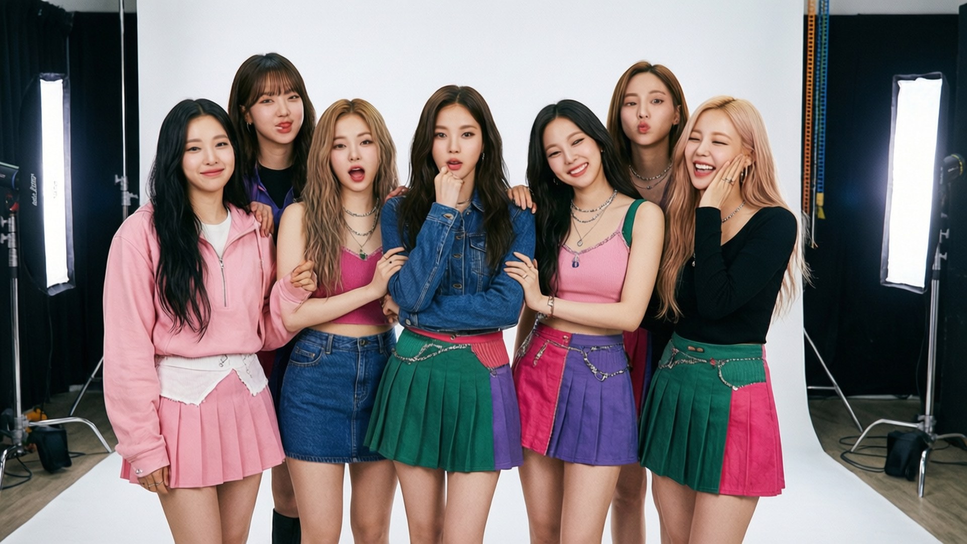 Blackpink 團體合照 壁紙 — 七位年輕女性穿著色彩繽紛的協調服裝，在明亮的攝影棚內擺出俏皮姿勢，棚內可見燈光設備。