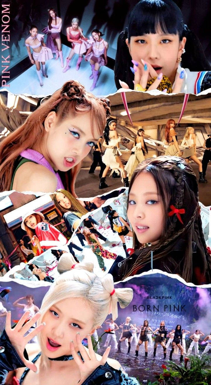 BLACKPINK 桌布 壁紙 — Blackpink 成員以「Born Pink」和「Pink Venom」概念展現動感姿勢和色彩繽紛服裝的充滿活力的拼貼畫。
