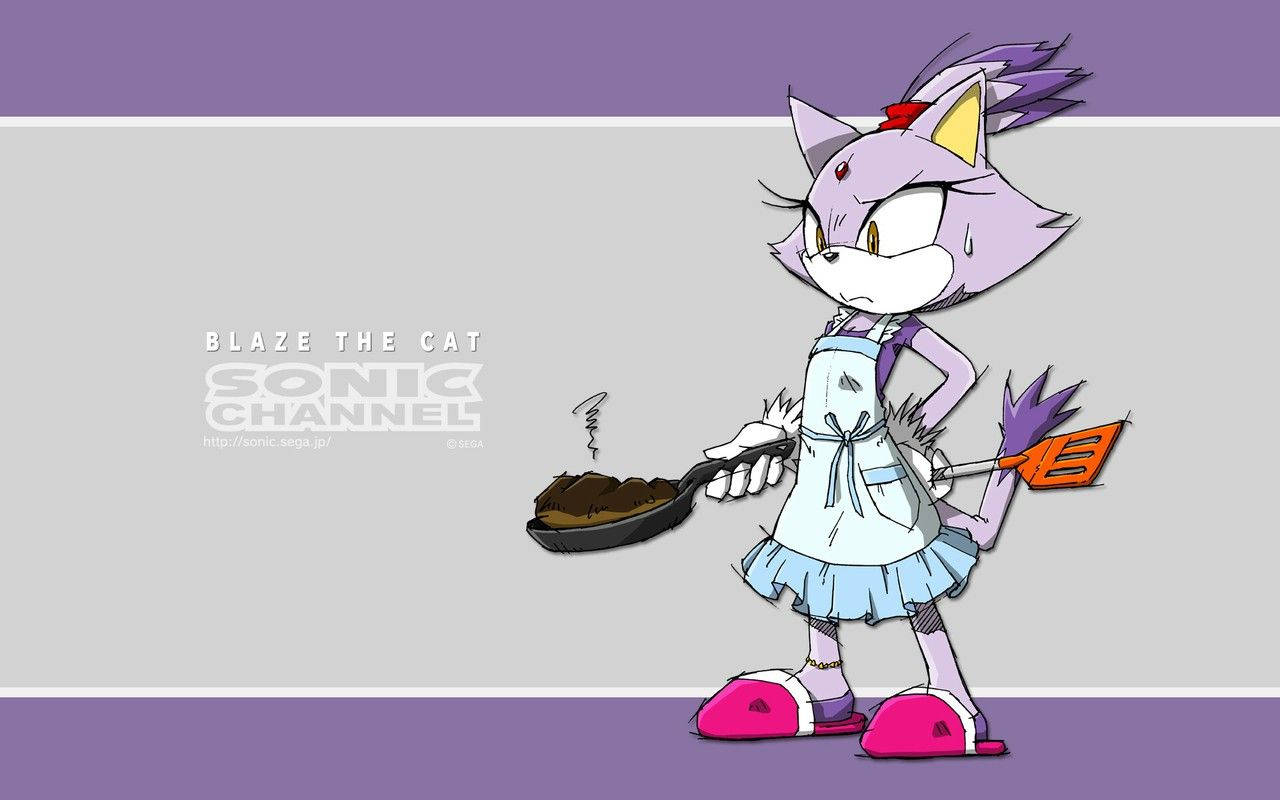 Blaze The Cat 桌布 壁紙 — Blaze the Cat 身穿淺藍色圍裙，拿著裝有燒焦食物的煎鍋，在紫色和灰色背景前顯得很惱火。