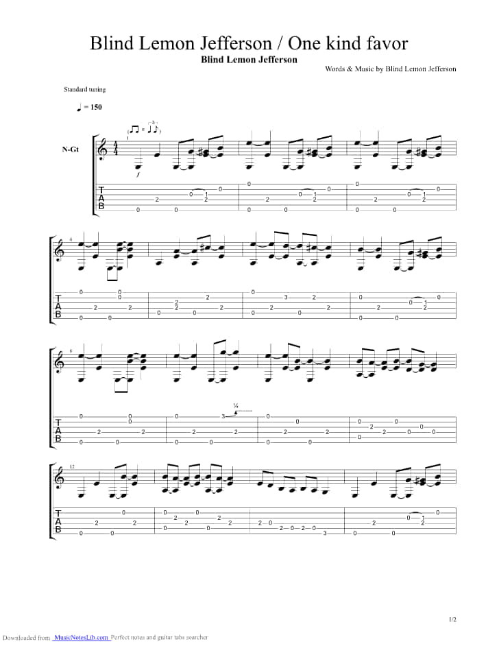 音樂 桌布 壁紙 — Blind Lemon Jefferson 歌曲《One Kind Favor》的乾淨樂譜頁面，顯示吉他指法和標準記譜法。