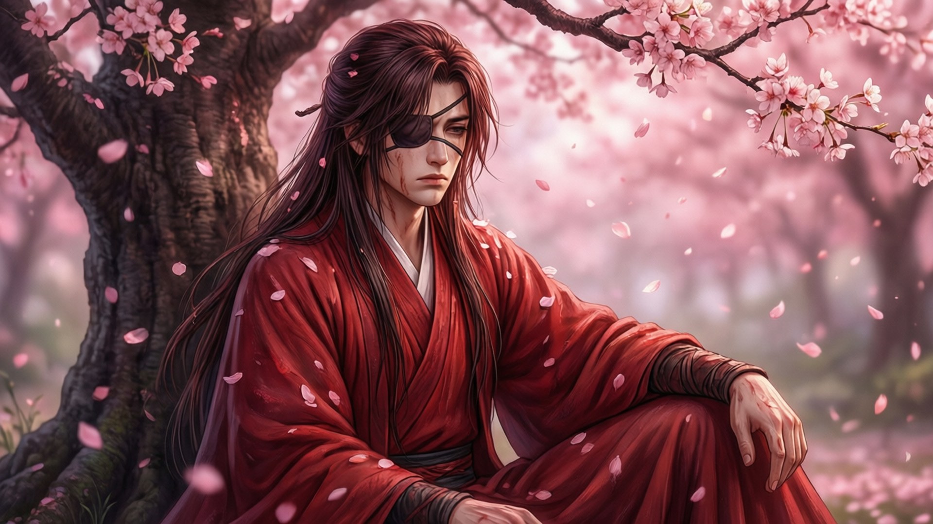 Cherry Blossom Melancholy 壁紙 — 一位盲人武士身穿紅袍坐在櫻花樹下，花瓣在空中飄舞。