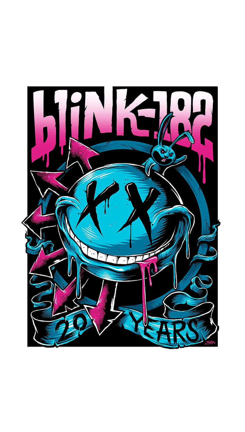  壁紙 — 一張充滿活力的塗鴉風格海報，慶祝 Blink-182 成立 20 週年，黑色背景上有一個滴落的藍色骷髏頭和粉紅色箭頭。