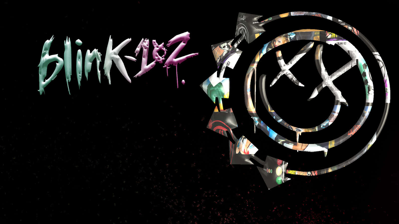  壁紙 — Blink-182 標誌，帶有塗鴉風格文字和圓形樂團圖像拼貼，背景為深色斑點。