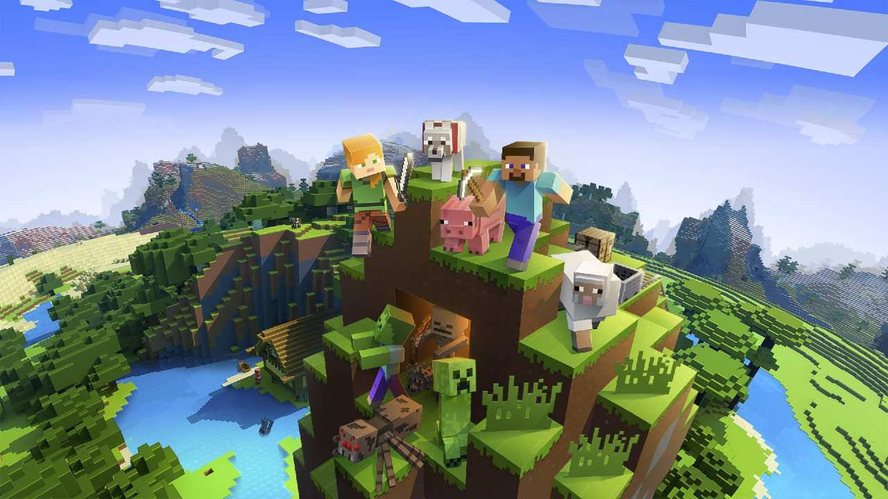 Minecraft玩家和動物在懸崖上俯瞰河流和山脈。 — 最佳我的世界 壁紙