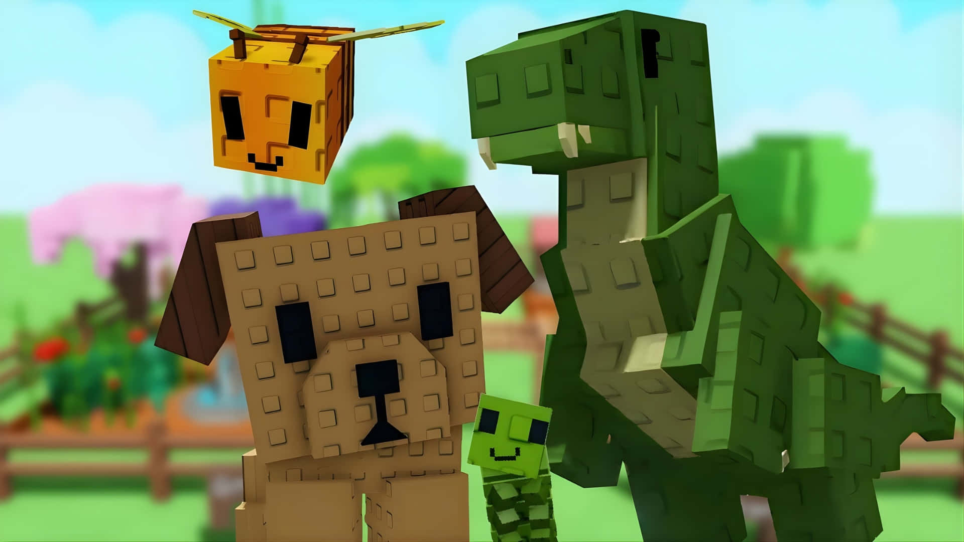  壁紙 — 包括狗、恐龍、蜜蜂和苦力怕的方塊狀Minecraft風格動物，一起站在色彩繽紛的像素化戶外場景中。