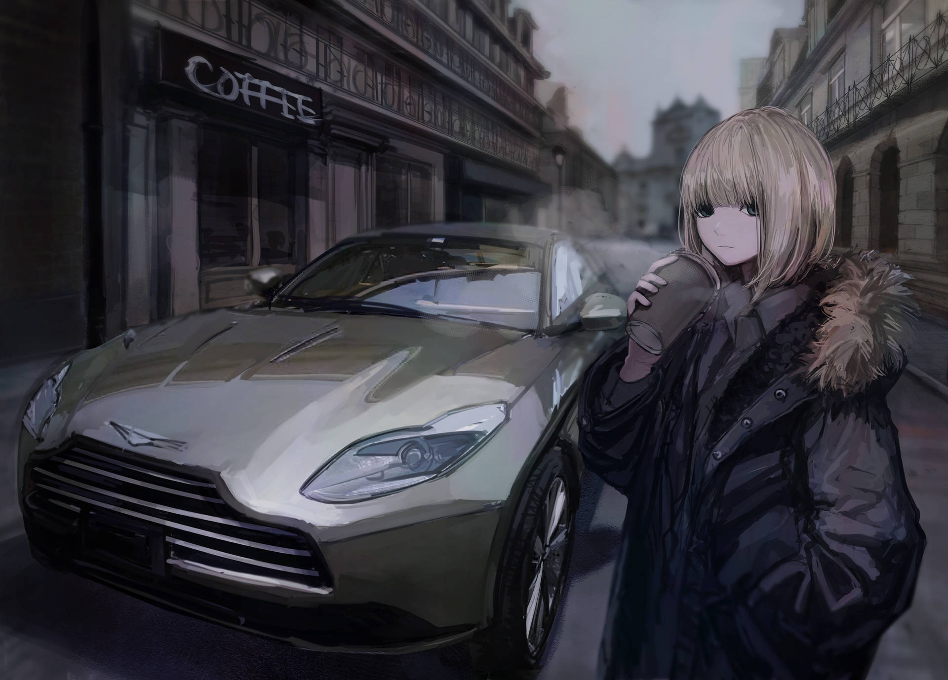 穿著外套的動漫女孩在雨中的城市街道上，拿著咖啡，旁邊是豪華車。 — 動漫汽車 壁紙
