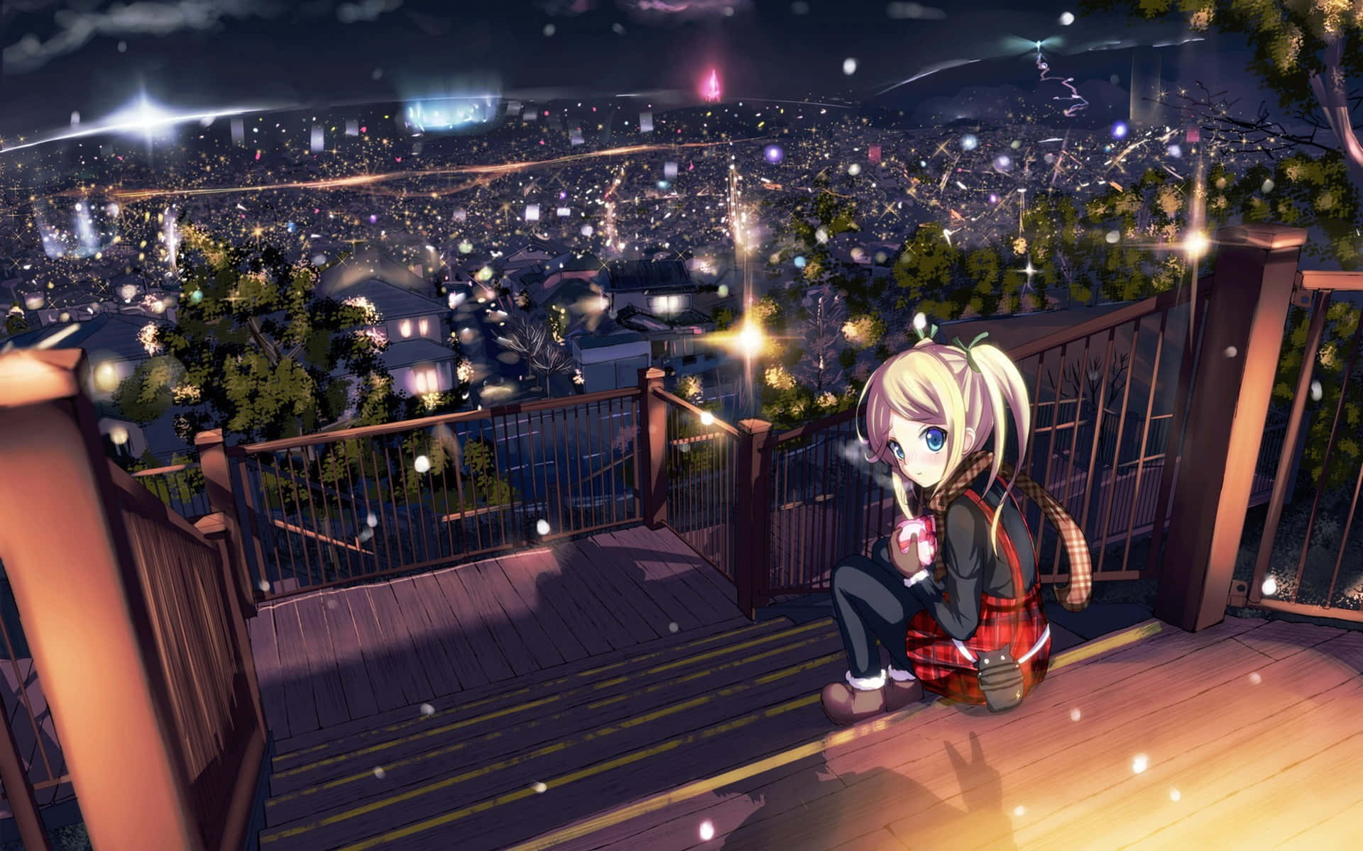 Anime Night 桌布 壁紙 — 一個金髮動漫女孩在夜晚坐在木質甲板上，俯瞰著雪花飄落下的閃爍城市景觀。