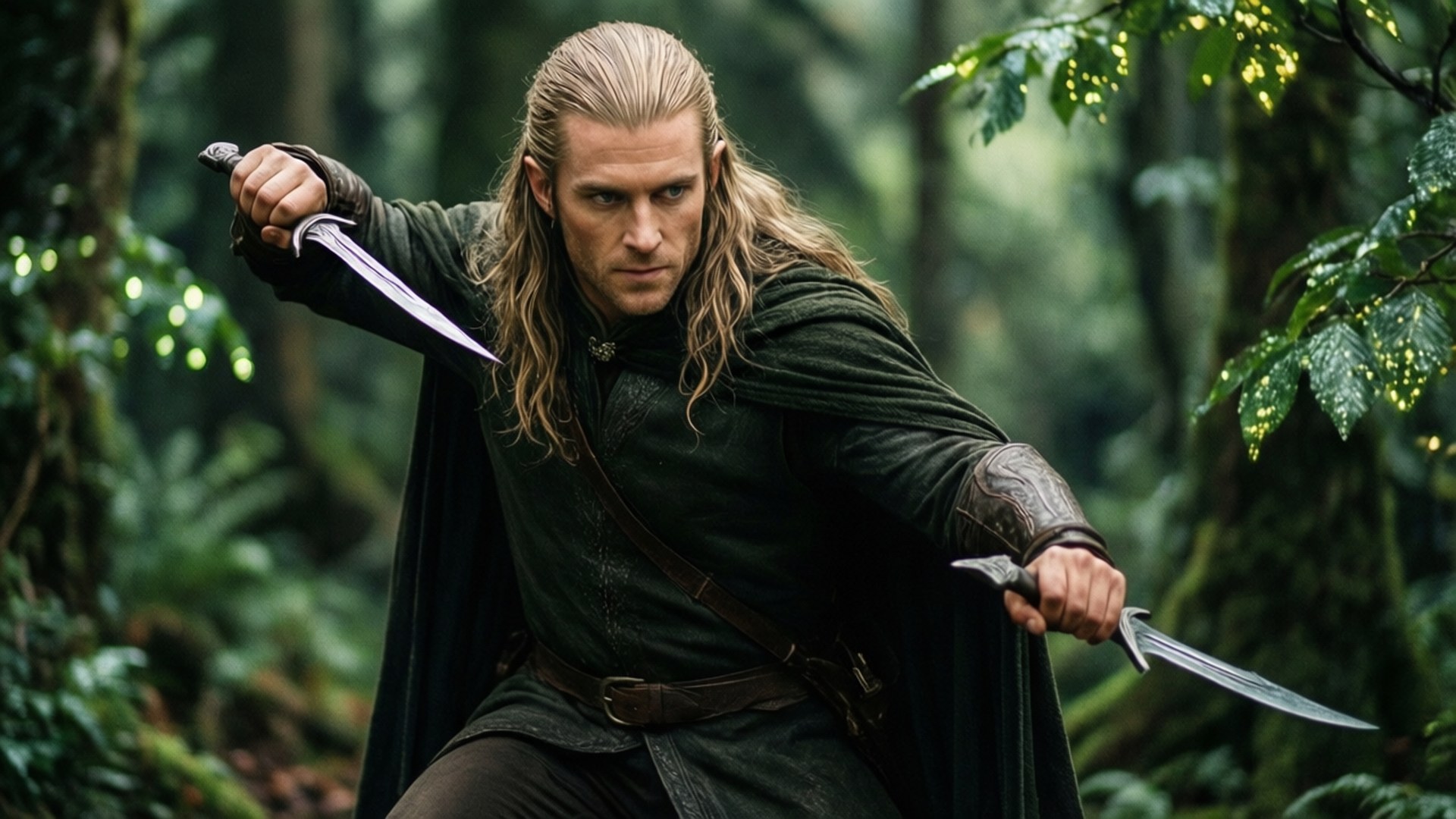 Legolas Forest Warrior 壁紙 — 一位金髮精靈戰士身穿深綠色盔甲，在濃霧密佈的森林中手持兩把彎刀。
