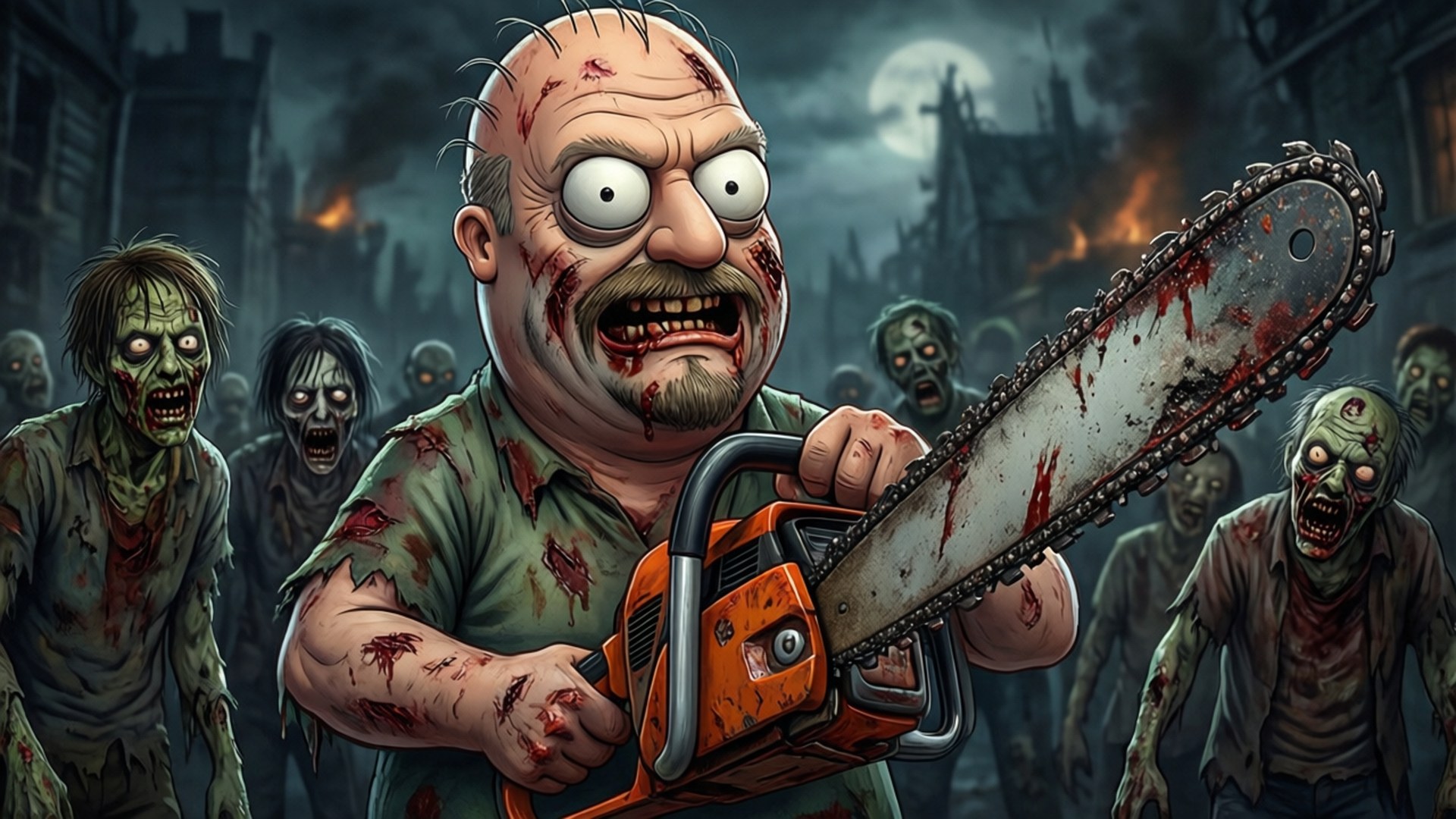 Zombie Slayer Peter 壁紙 — 一個血淋淋的卡通男人拿著電鋸，在月光下的廢墟城市中，面對成群結隊的殭屍，挑釁地站著。