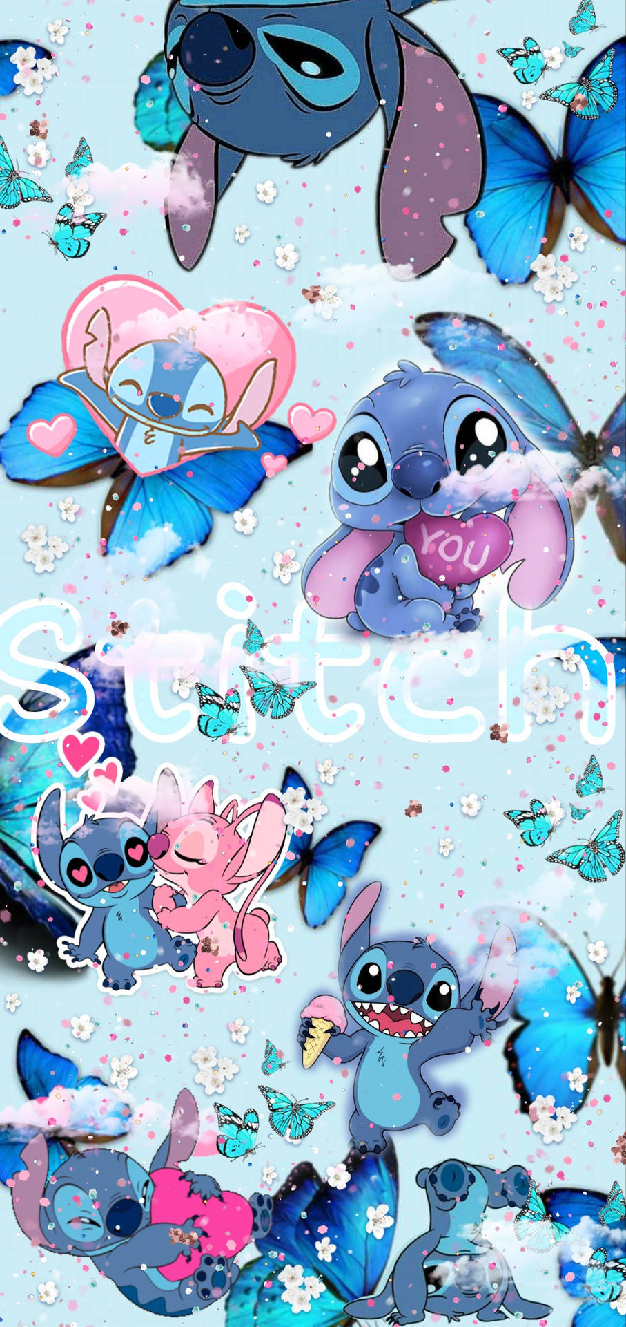 史迪奇角色在粉彩天空場景中與蝴蝶和心形。 — Stitch 壁紙