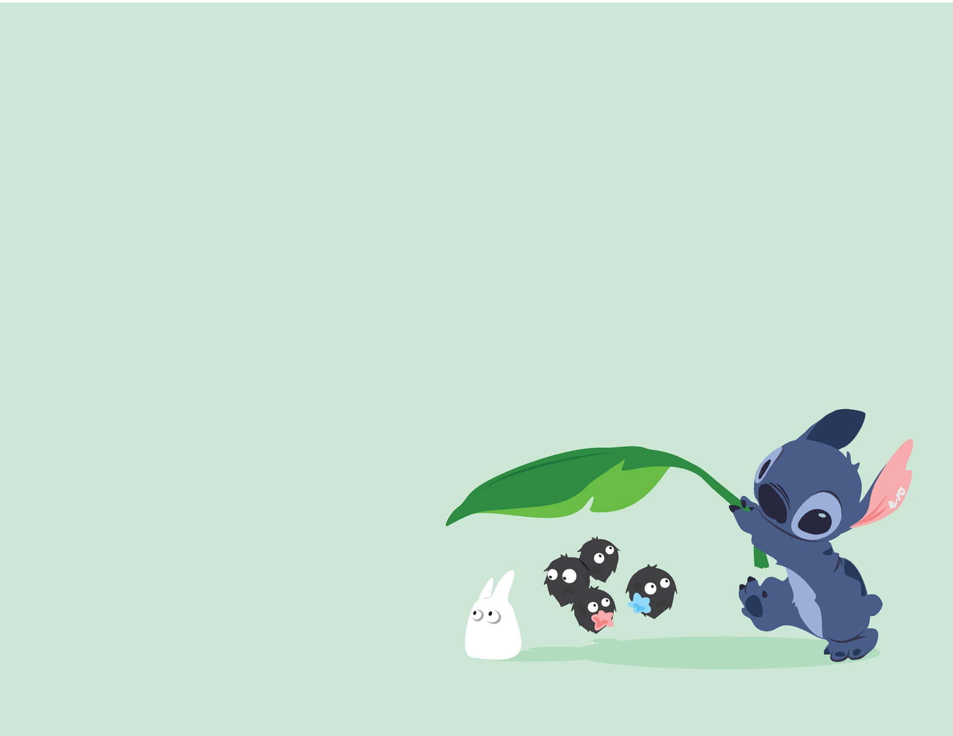史迪奇用葉子遮擋小精靈和兔子，不讓它們被看見。 — Stitch 壁紙