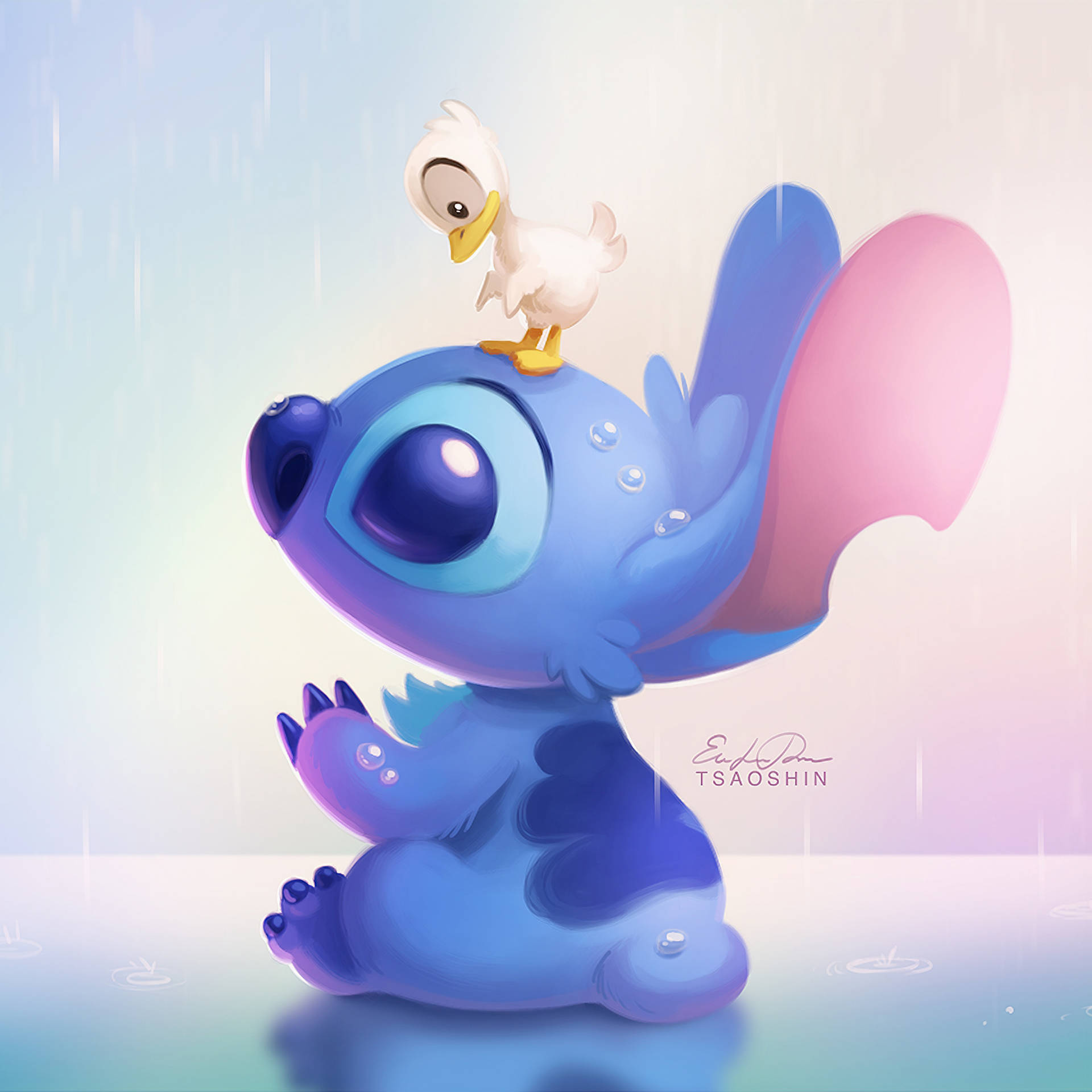 藍色外星人頭上有鴨子在細雨中 — Stitch 壁紙