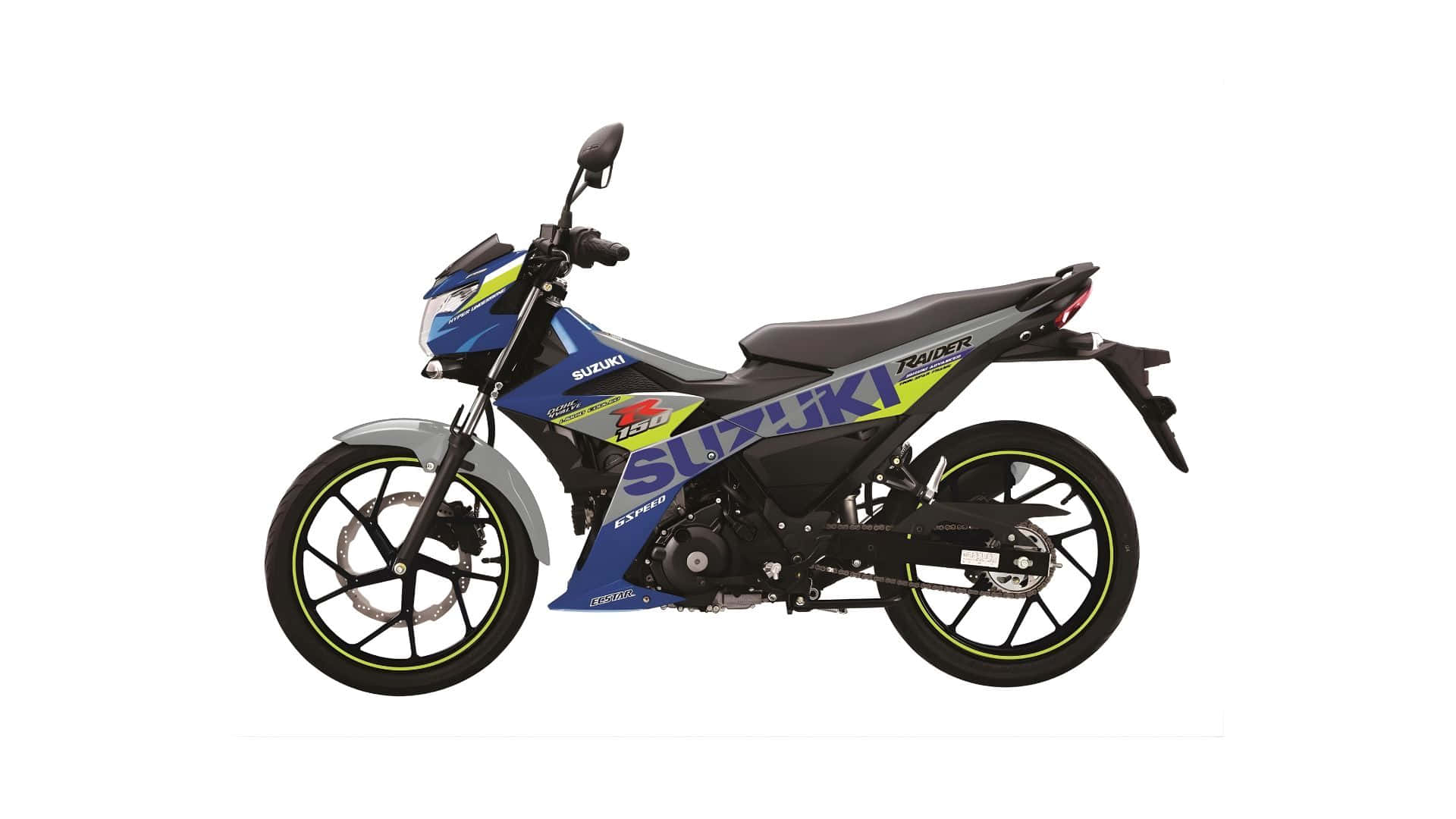  壁紙 — 一輛藍黑配色的Suzuki機車，帶有螢光綠色點綴，側面展示在純白背景上。