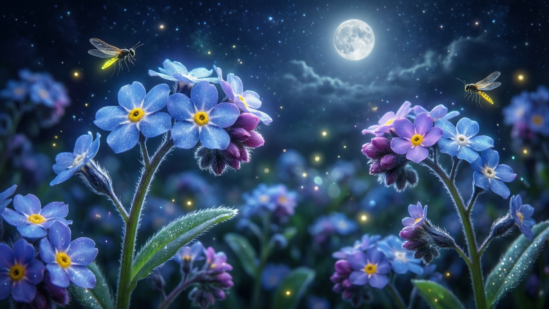 Starry Night Forget-Me-Nots 壁紙 — 藍色和紫色的勿忘我在發光的月亮下盛開，螢火蟲在繁星點點的夜空中飛舞。