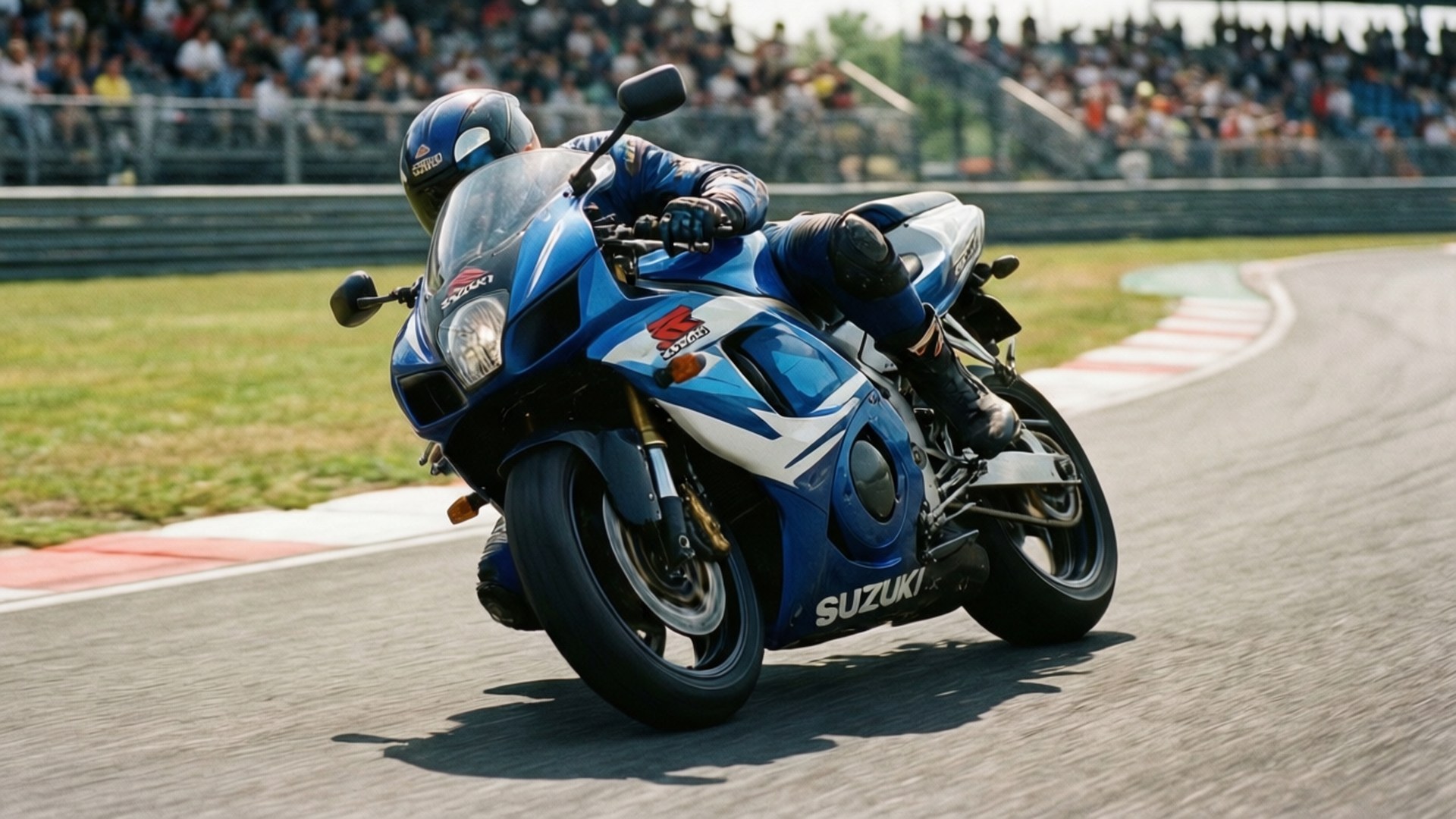 GSXR Track Attack 壁紙 — 一輛藍白色的鈴木隼摩托車在陽光明媚的賽道上急轉彎，背景有觀眾。