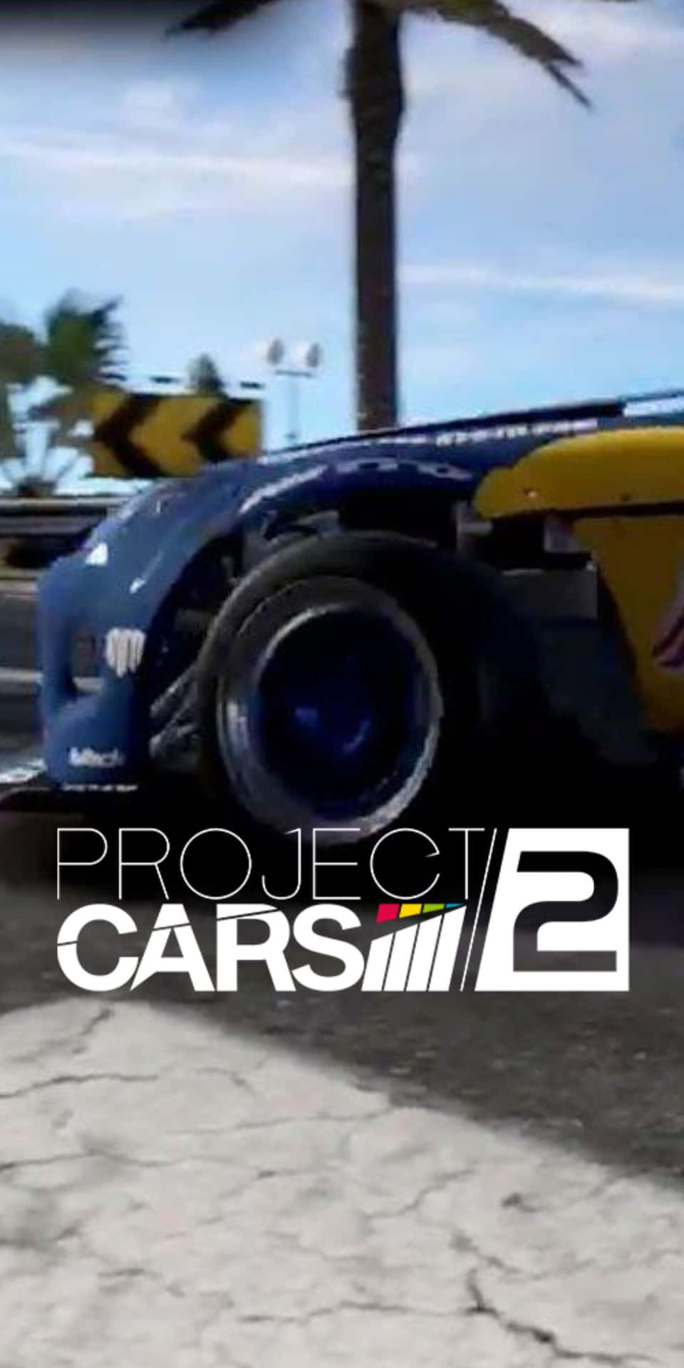 藍黃色賽車在裂開的賽道上與棕櫚樹一起疾馳。 — Project Cars 2 壁紙