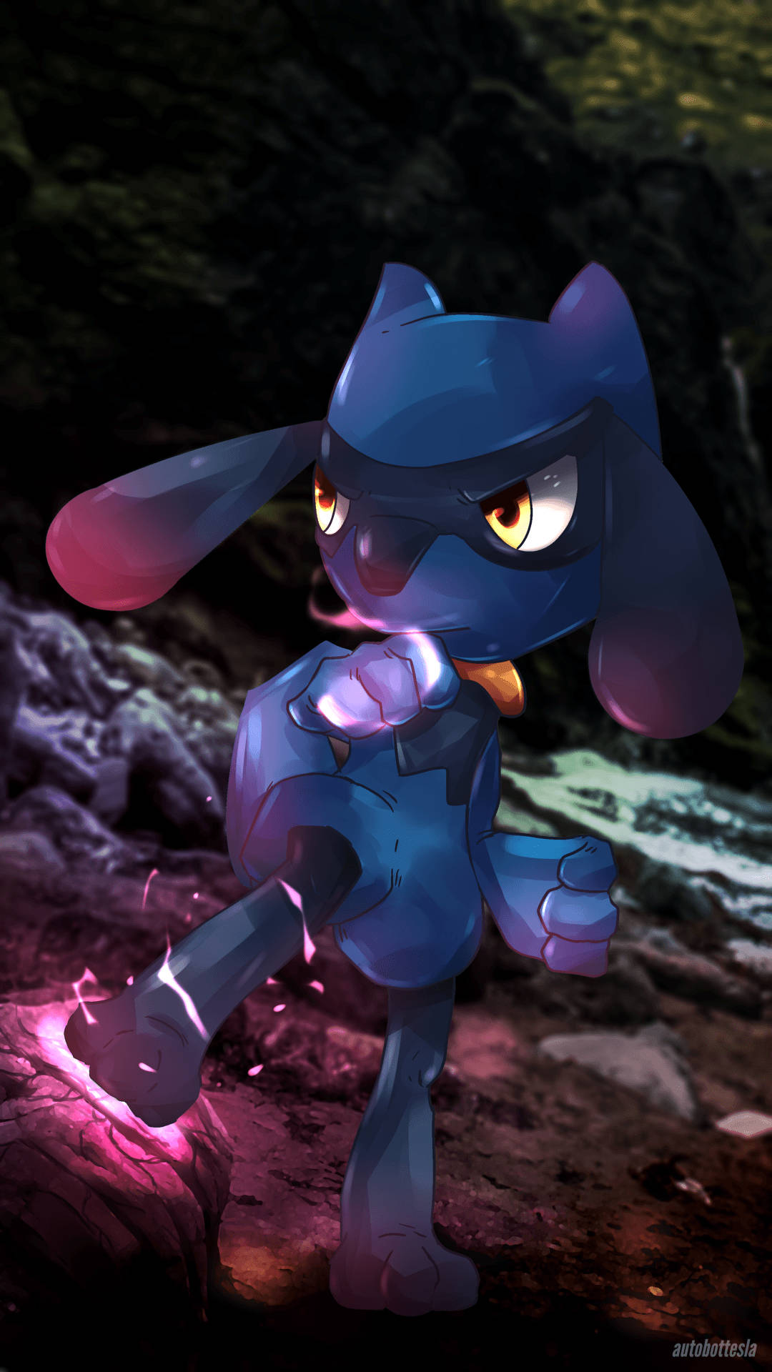 藍色動漫兔子，眼睛發光，帶有粉紅色能量火花，在黑暗的洞穴中。 — Pokémon 手機 壁紙