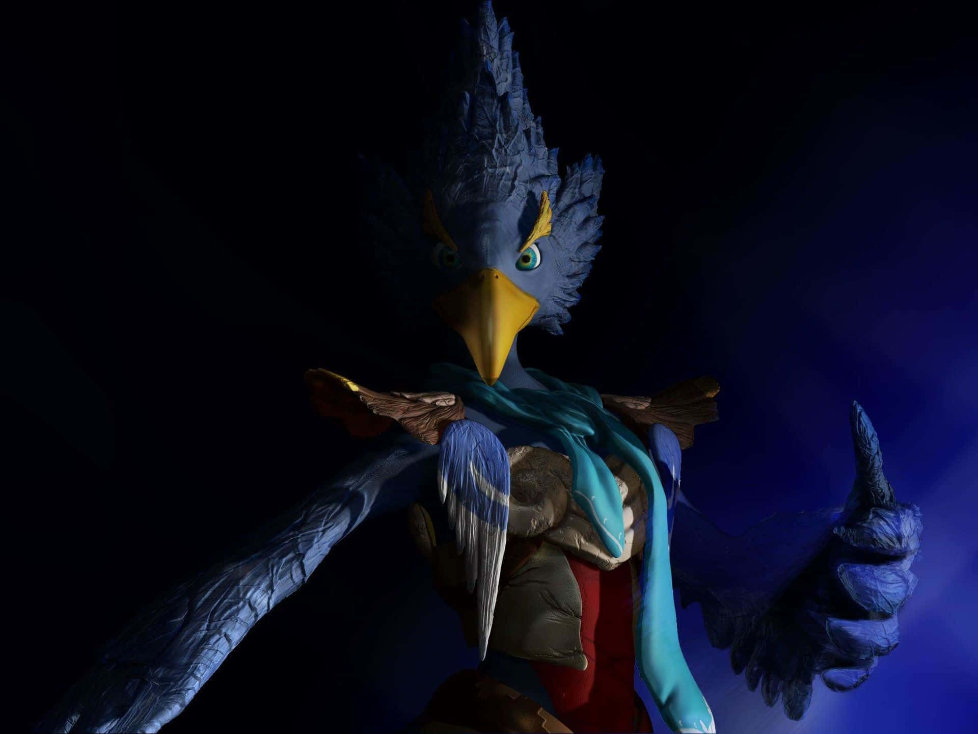 The Legend Of Zelda Revali 桌布 壁紙 — 一隻風格化的藍色鳥類生物，有黃色喙和發光的眼睛，在深藍色漸變背景上豎起大拇指。