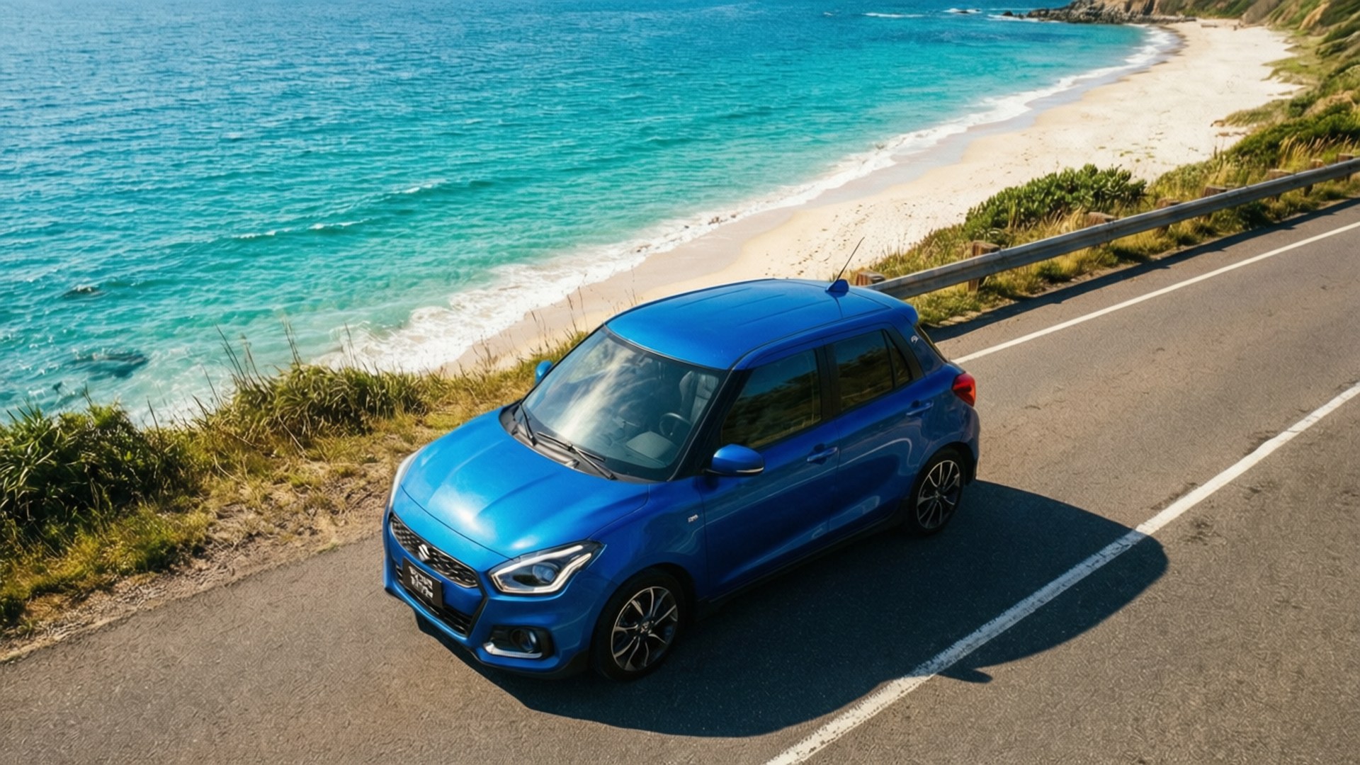 Swift Coastal Aerial 壁紙 — 一輛充滿活力的藍色小型車沿著海岸道路行駛，旁邊是碧綠的海水和沙灘。