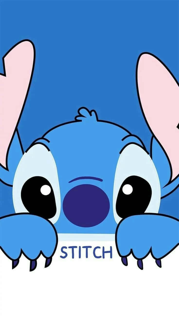 藍色卡通外星人越過白色邊框偷看，大眼睛。 — Stitch 壁紙