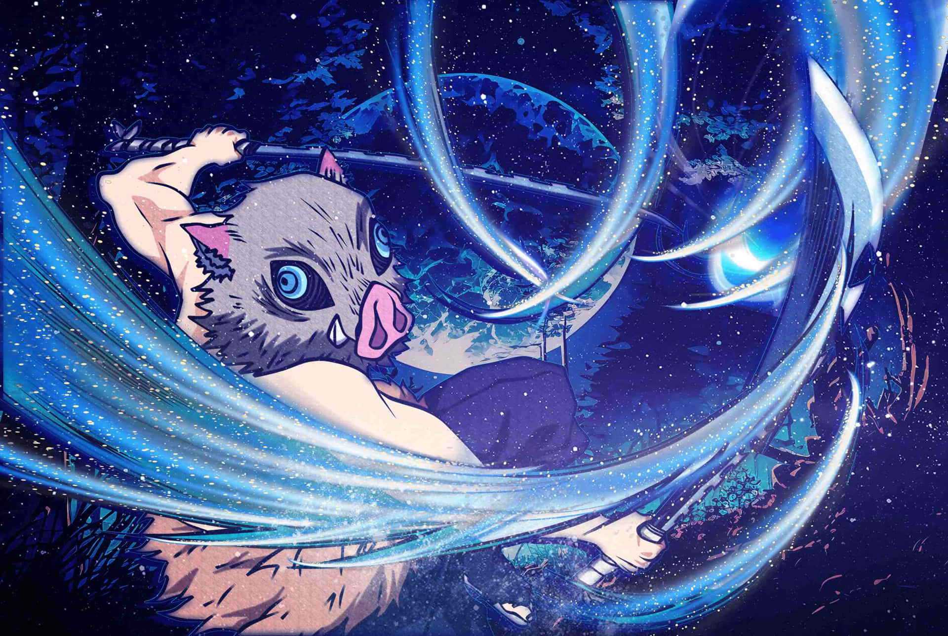  壁紙 — 一隻藍眼野豬惡魔在星空下揮舞著發光的劍，周圍環繞著旋轉的宇宙能量。