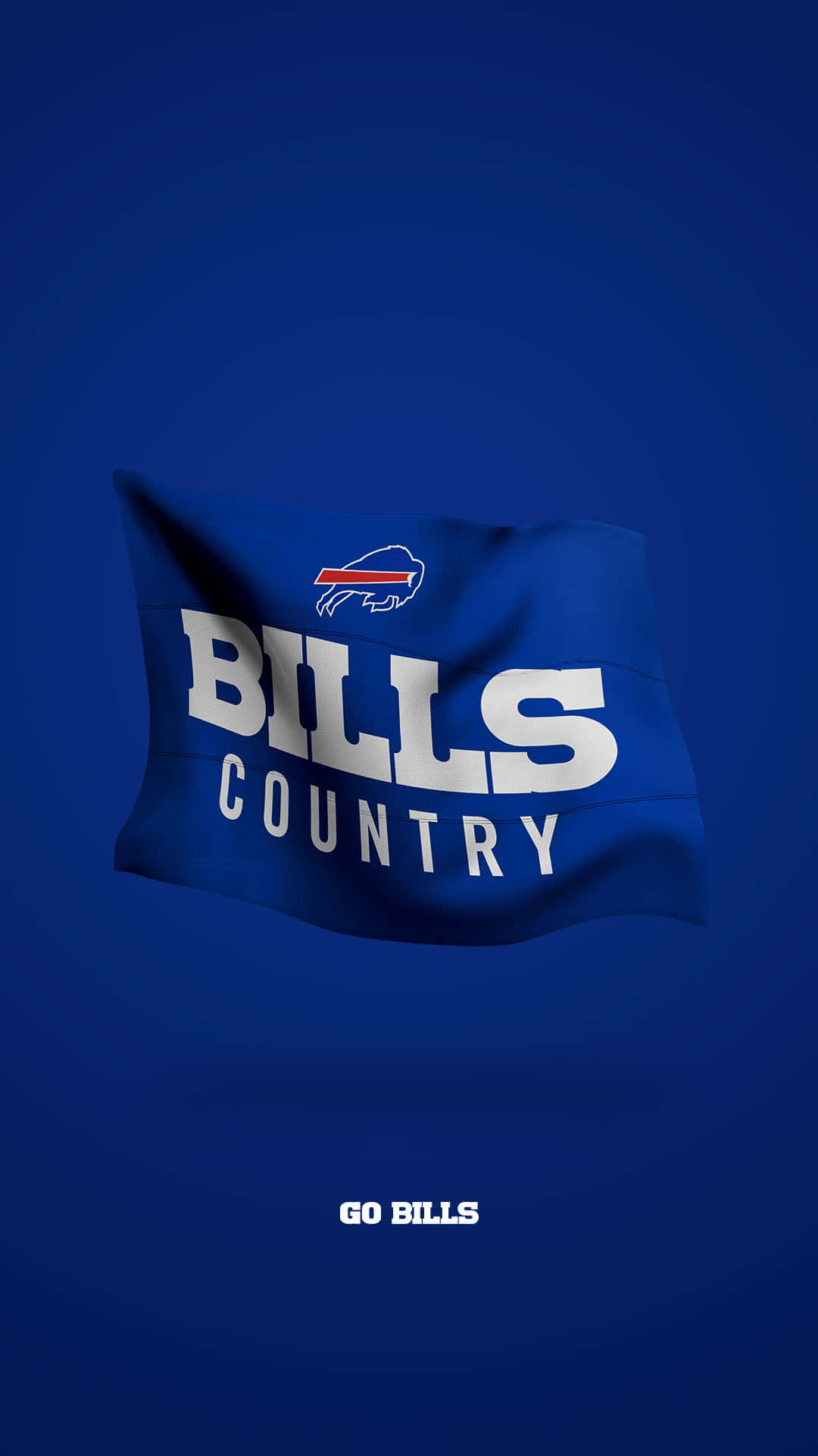  壁紙 — 一面藍色旗幟，上面有「BILLS COUNTRY」和水牛標誌，在深藍色漸變背景上飄揚，下方有「GO BILLS」文字。