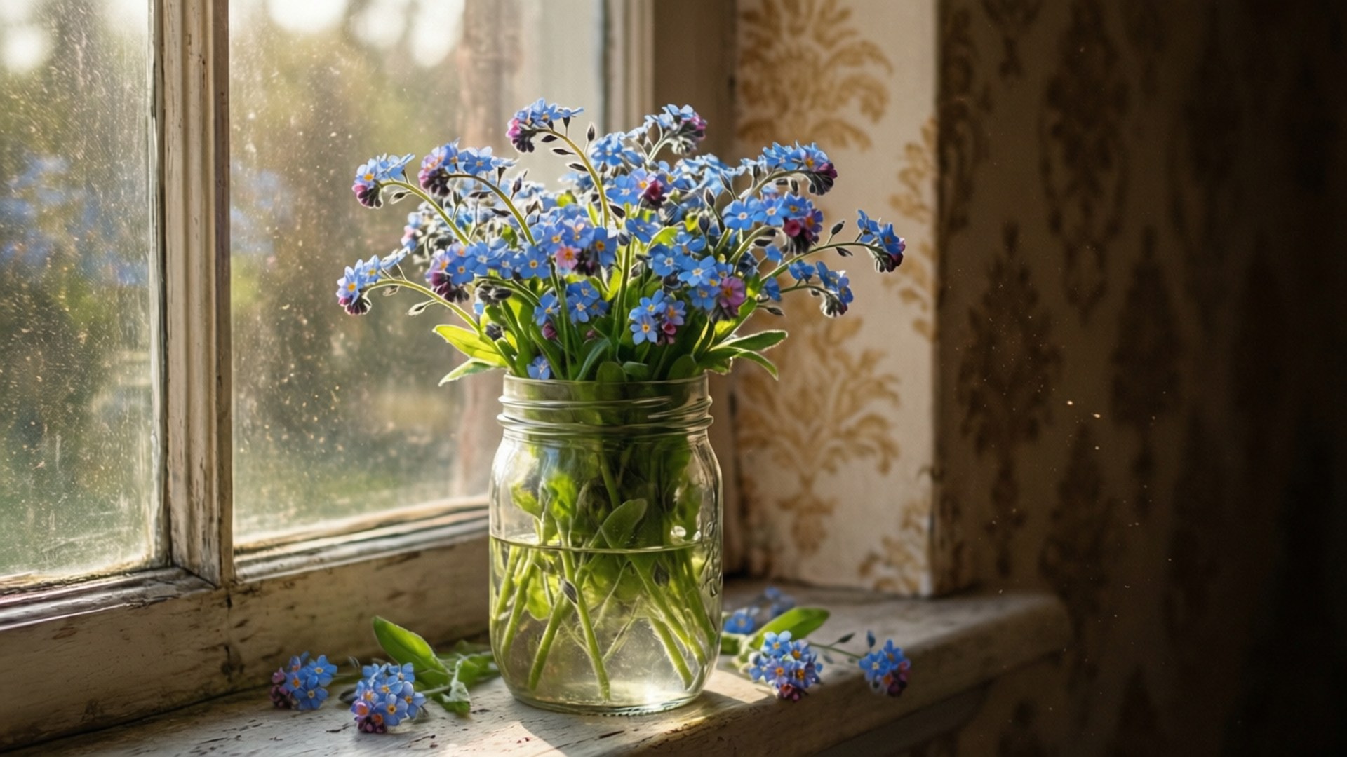Windowsill Glow 壁紙 — 一個裝滿藍色勿忘我的玻璃罐放在陽光普照的窗台上，散落的花瓣和復古壁紙在後面。