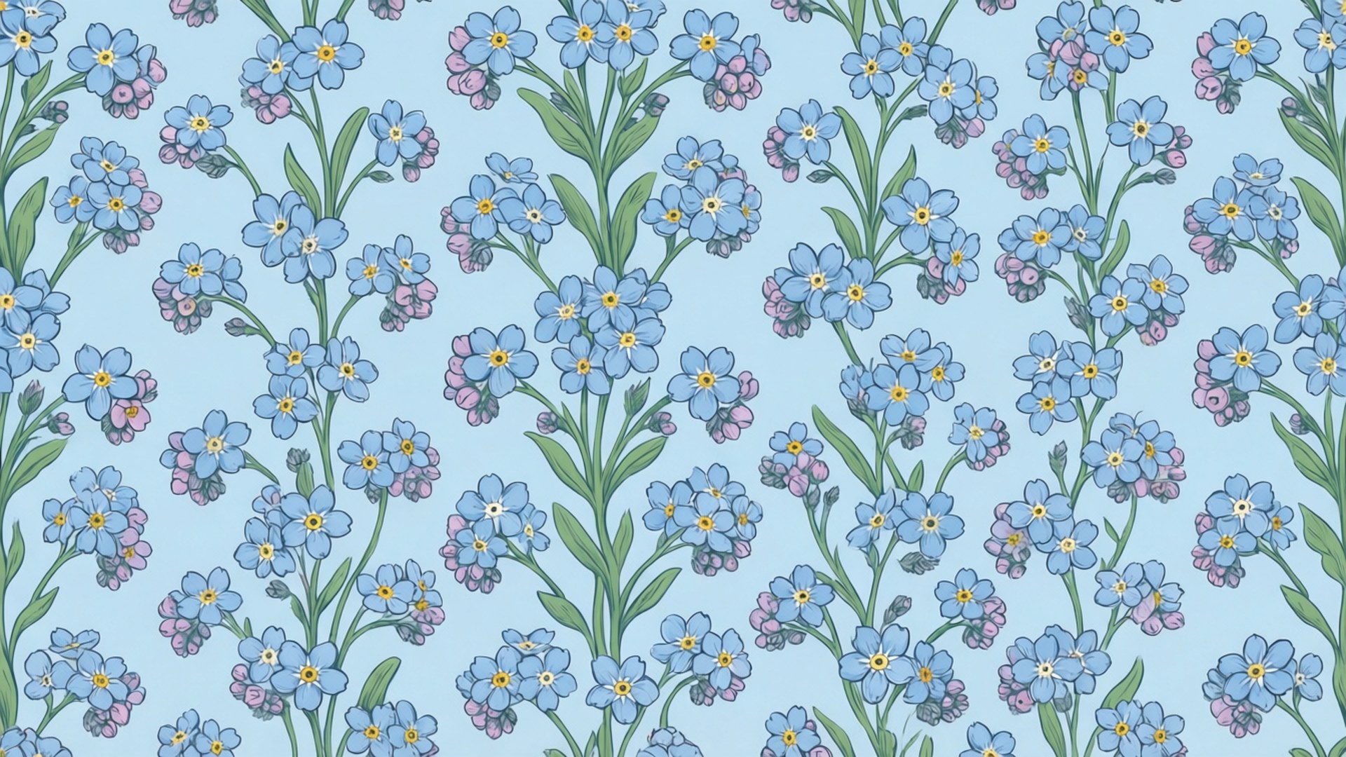 Forget-Me-Not Pattern 壁紙 — 在淺藍色背景上，綠色莖上帶有黃色中心和粉紅色花蕾的藍色勿忘我重複圖案。