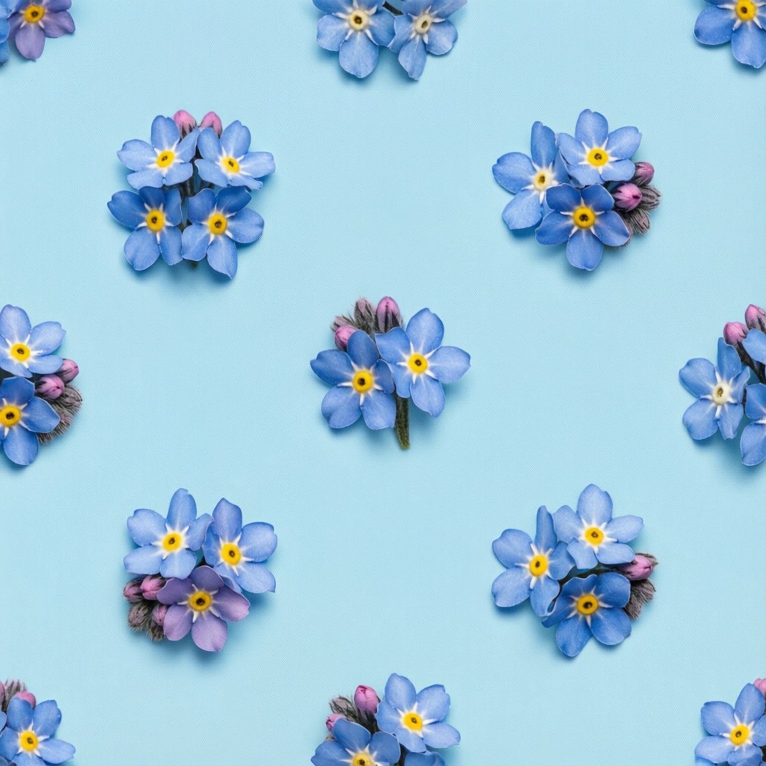Forget-Me-Not Pattern Tile 壁紙 — 藍色勿忘我花，黃色花心，紫色花蕾，散落在柔和的天藍色背景上。