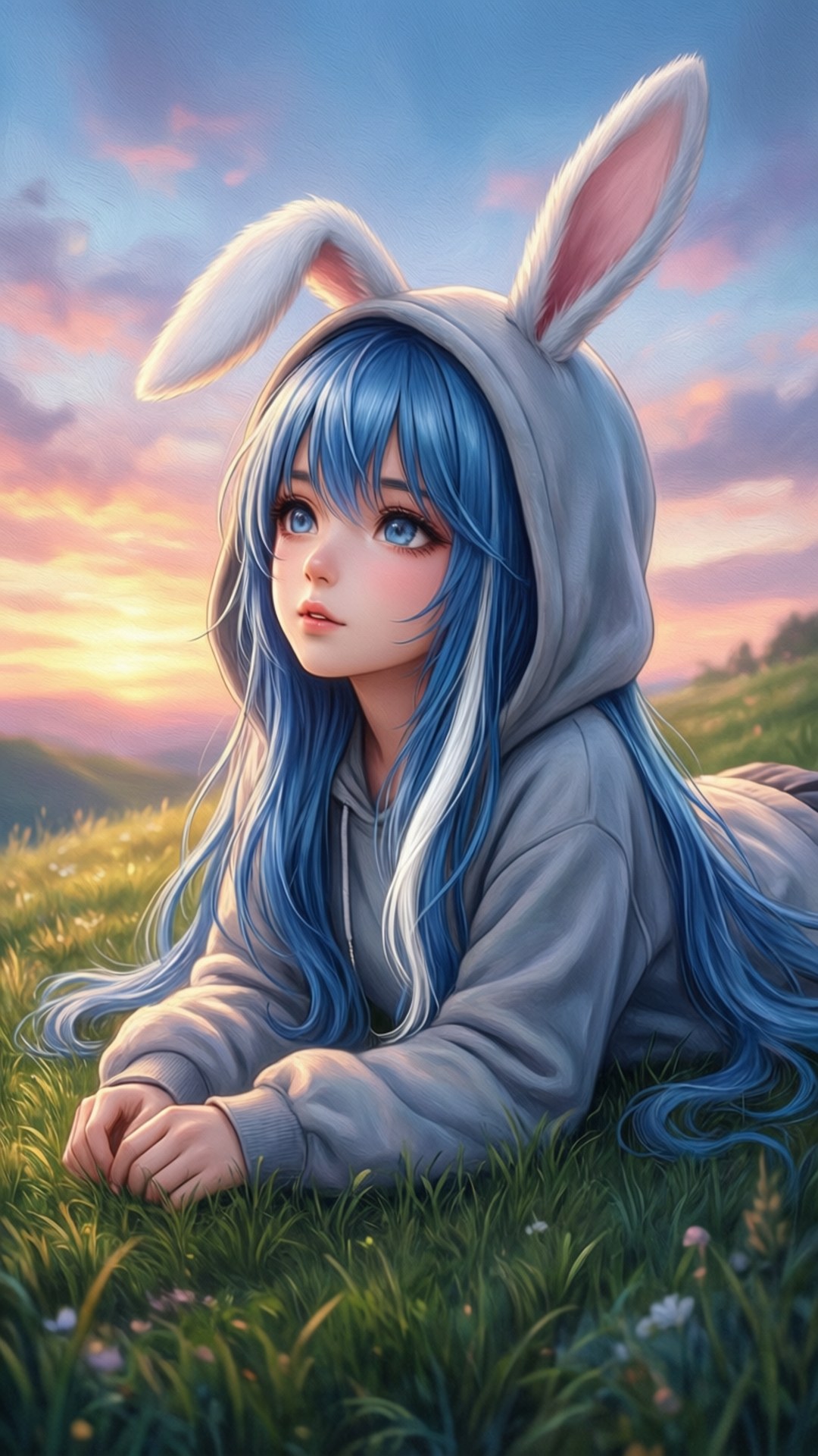 Bunny Hood Dream 壁紙 — 一位藍髮動漫女孩穿著兔子連帽衫，在夕陽下柔和的粉紅色和橙色雲彩中，躺在草地上休息。