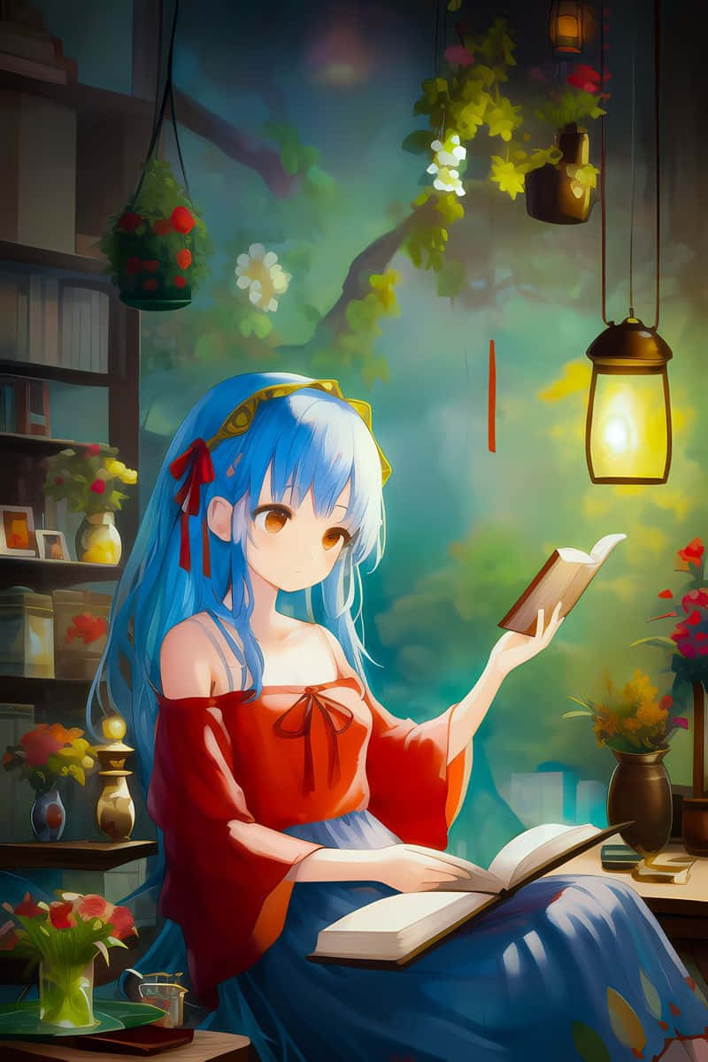 壁紙 — 一位藍髮動漫女孩穿著紅色上衣，在一個舒適、佈滿鮮花的房間裡，在溫暖的燈籠下看書。