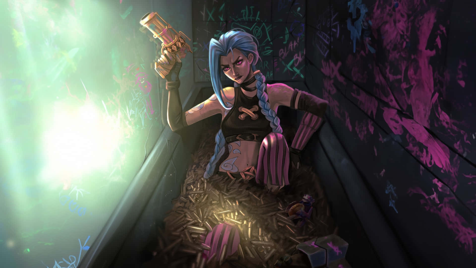  壁紙 — 一位藍髮刺青動漫女孩坐在霓虹燈小巷中，手持發光武器，周圍散落著子彈和塗鴉。