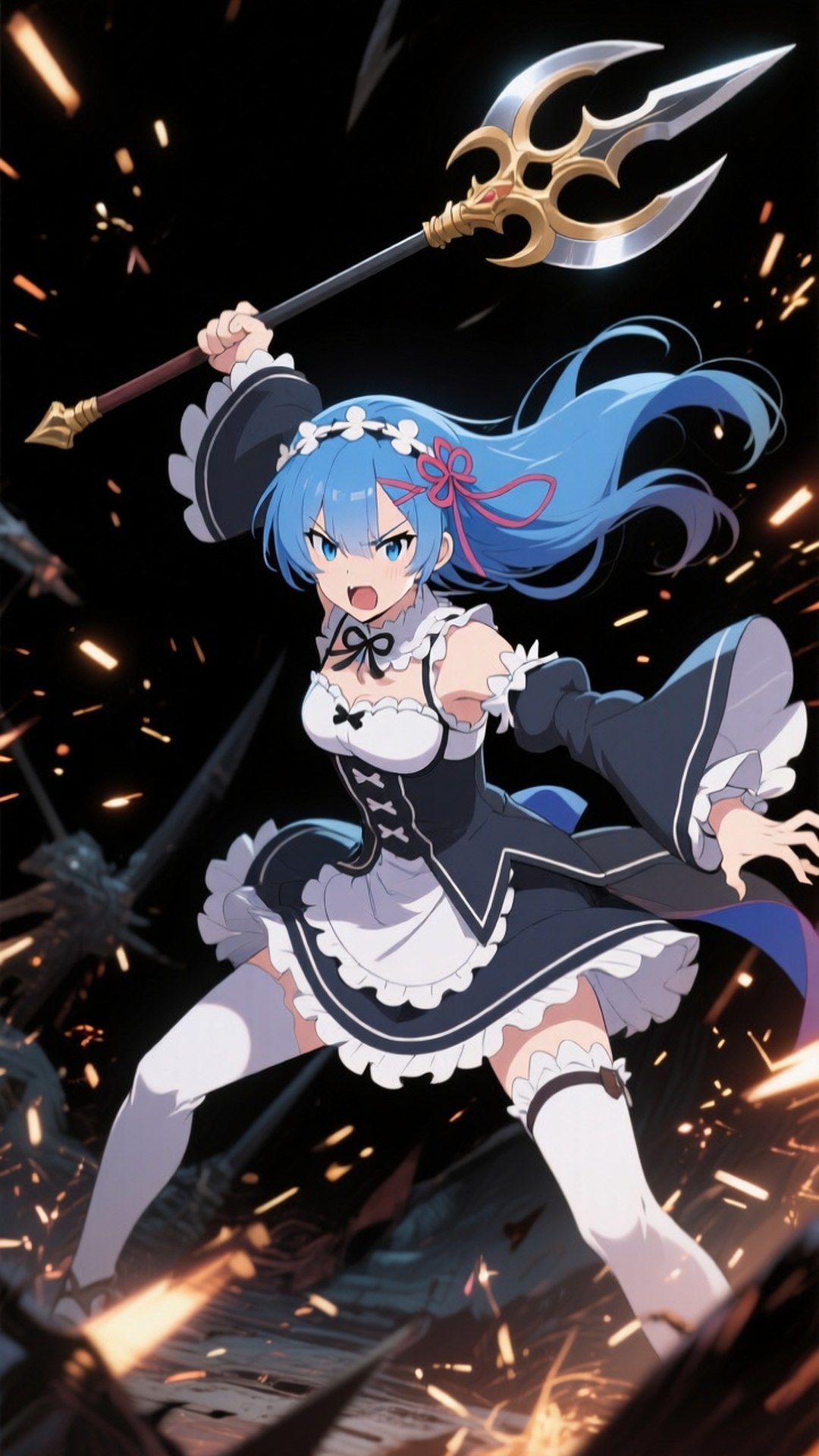 Rem Ready for Battle 壁紙 — 一位藍髮動漫女僕穿著黑白連衣裙，在黑暗背景中揮舞著金色三叉戟，周圍火花飛濺。