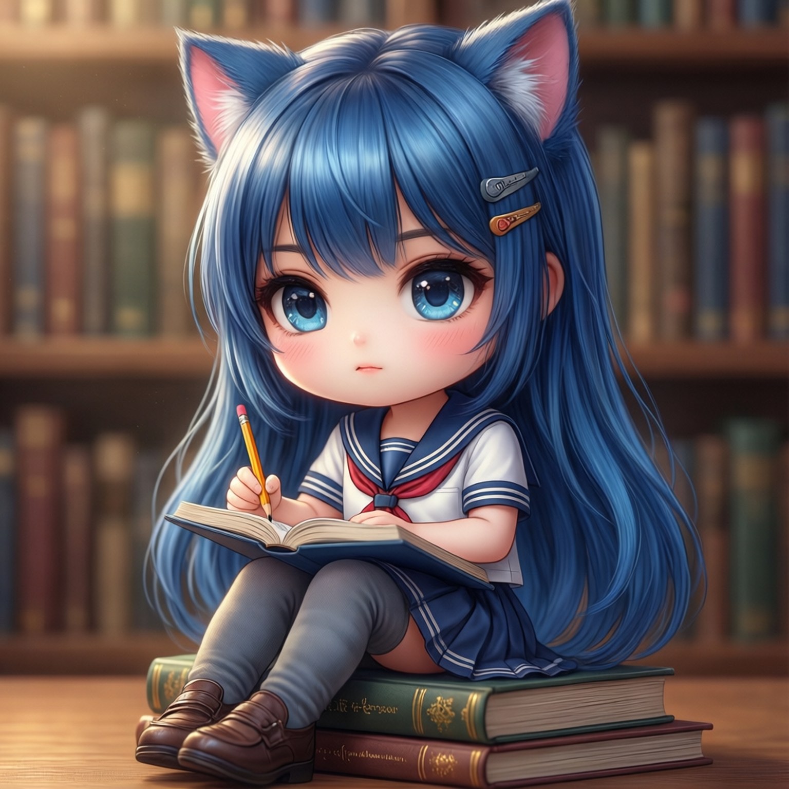 Study Time Chibi 壁紙 — 藍髮貓耳動漫少女穿著水手服坐在圖書館的書堆上寫筆記。