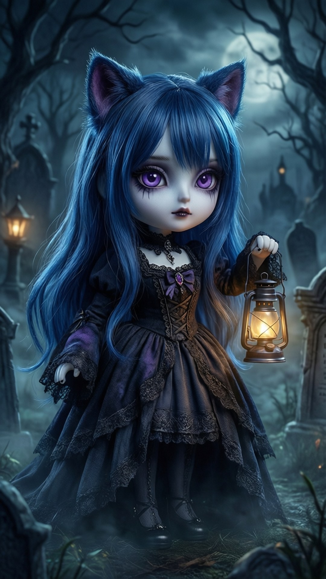 Mystical Cat Girl Night 壁紙 — 一個藍色頭髮貓耳娃娃穿著黑色蕾絲連衣裙，在霧氣瀰漫的月光墓地中拿著發光的燈籠。