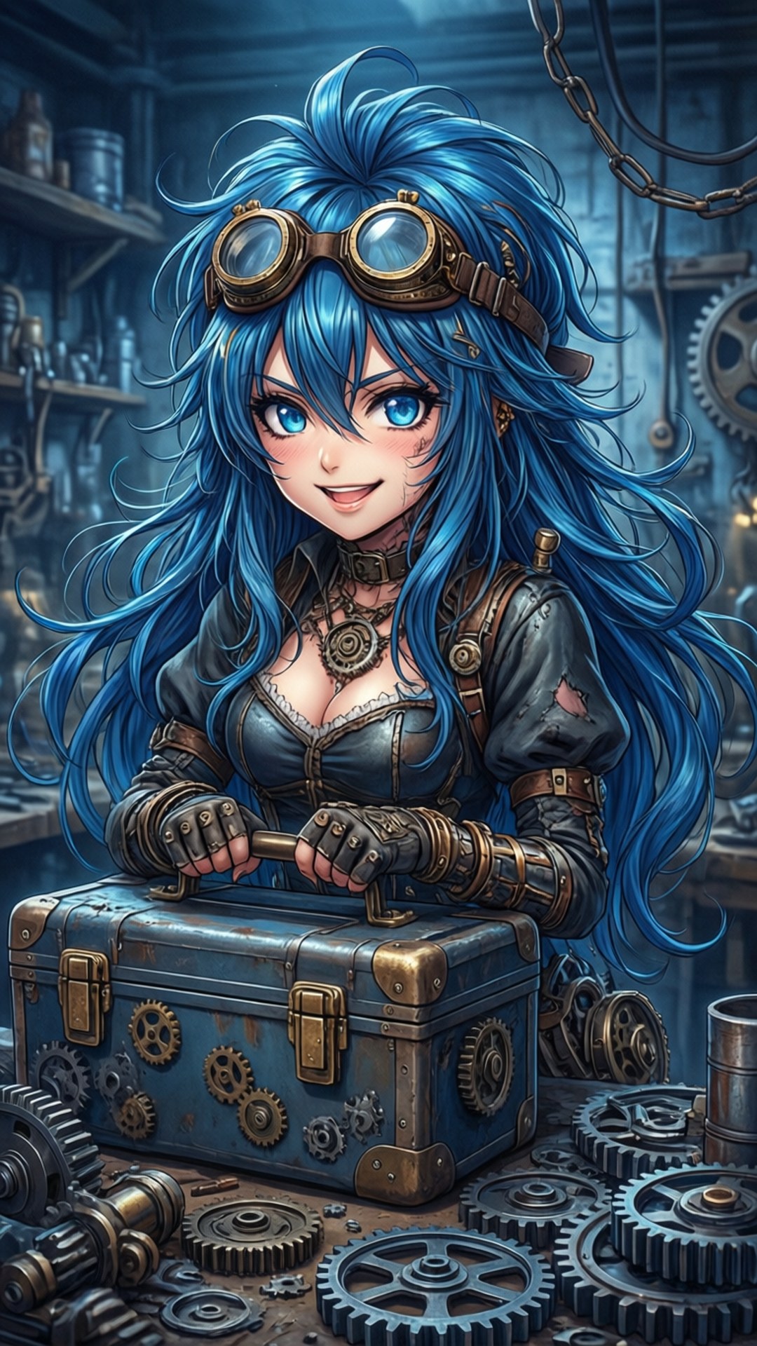 Skuld's Workshop 壁紙 — 一位藍髮蒸氣龐克女孩戴著護目鏡，在雜亂的工作室裡微笑著拿著一個裝飾著齒輪的工具箱。
