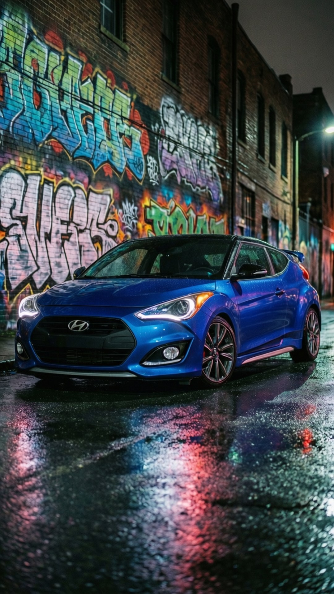 Veloster Neon Nights 壁紙 — 一輛充滿活力的藍色現代Veloster在濕漉漉的小巷牆上，在街燈下閃閃發光，牆上佈滿了色彩繽紛的塗鴉。