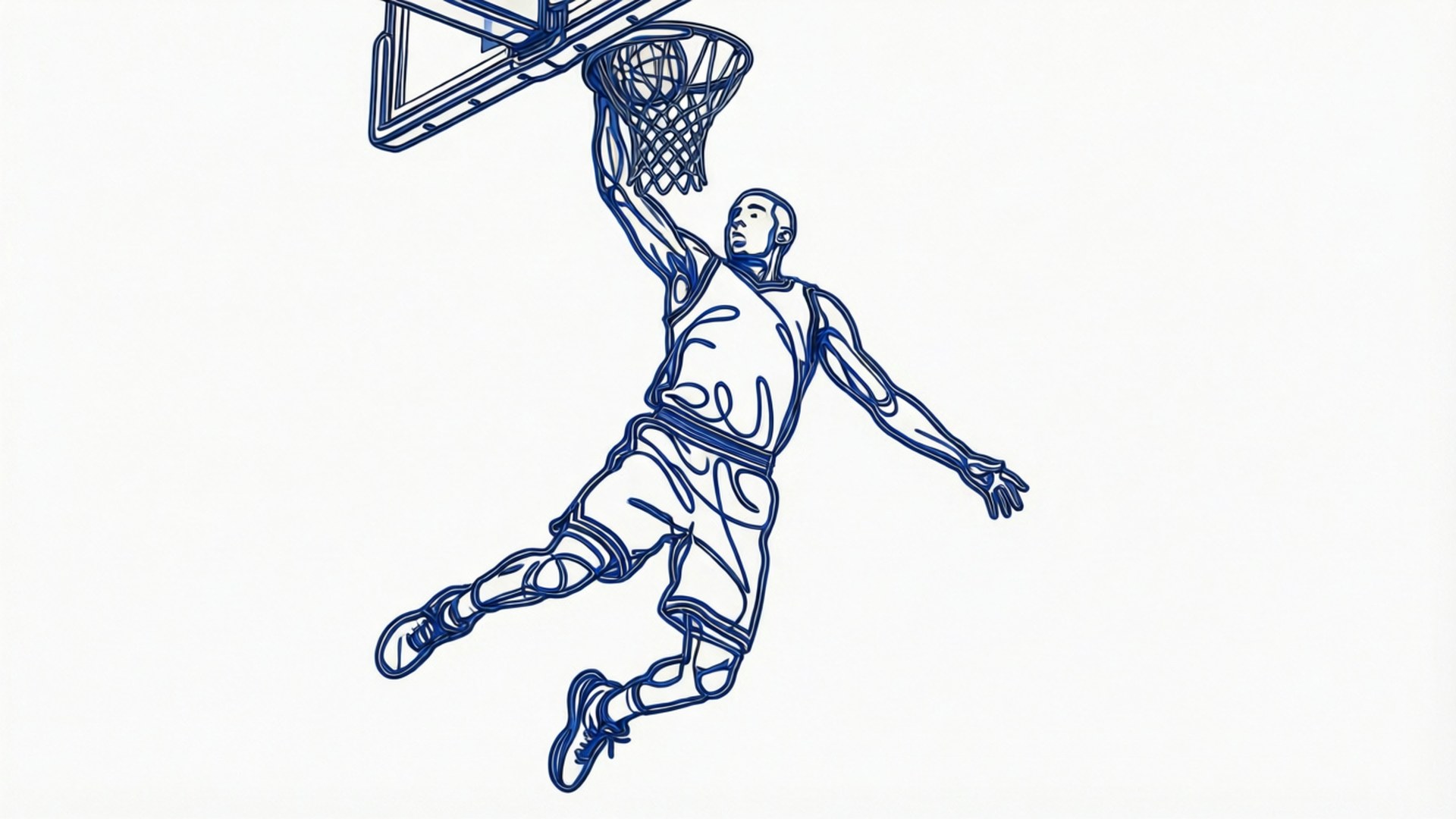 Line Art Dunk 壁紙 — 一幅藍色墨水線條畫，描繪一名籃球運動員在半空中將球灌入籃框，背景為純色。