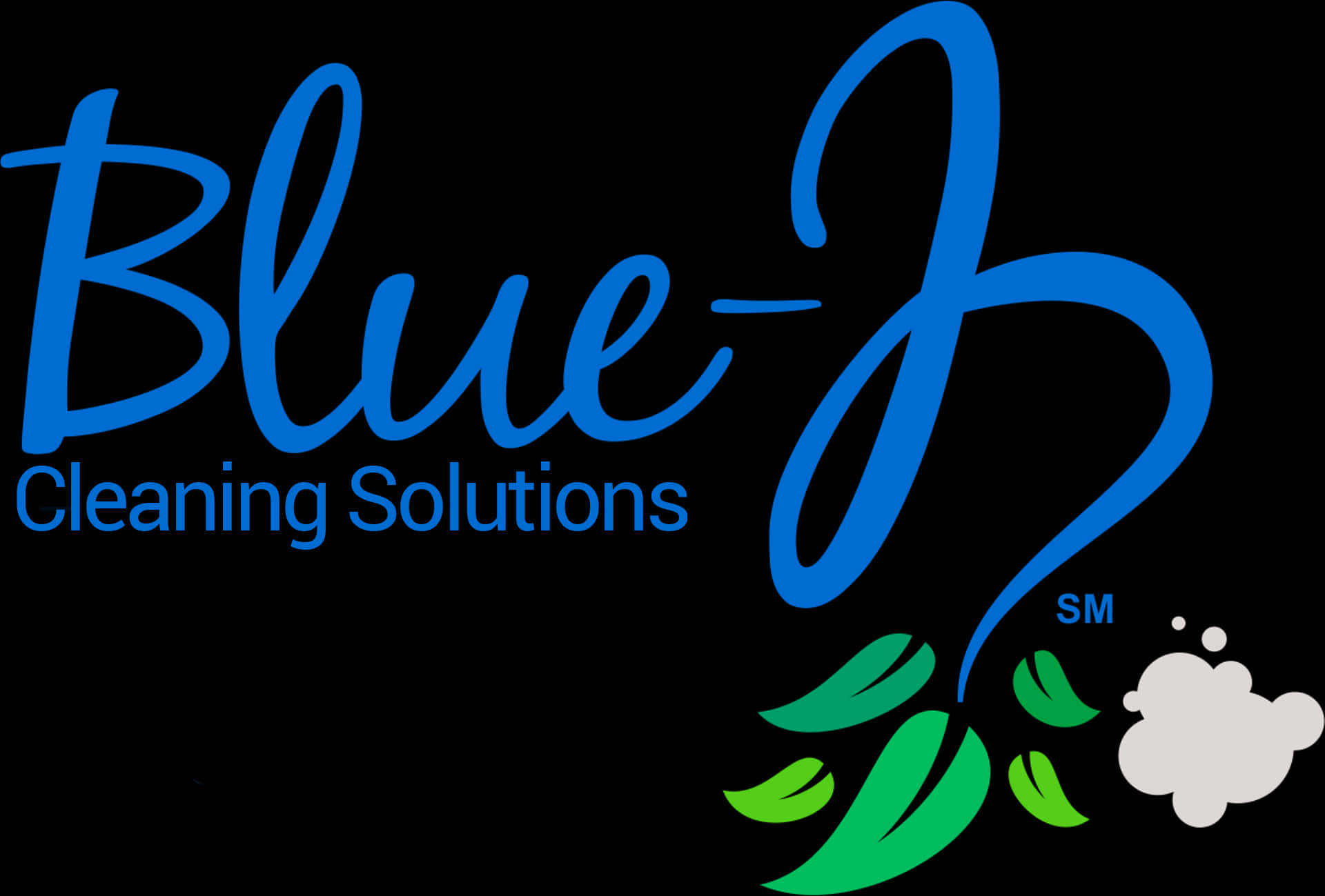 標誌 桌布 壁紙 — Blue-J Cleaning Solutions 標誌，黑色背景上有藍色斜體文字、綠色葉子和白色雲朵。