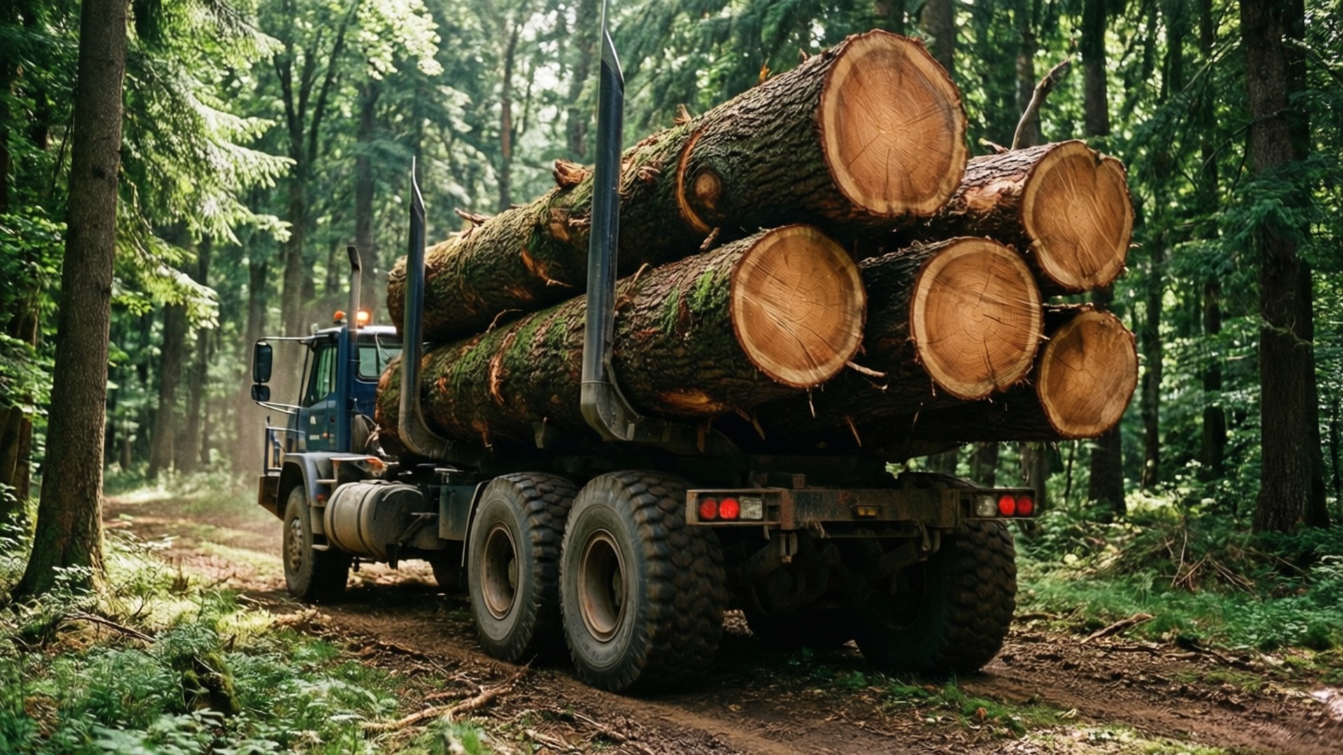 Logging Truck in Forest 壁紙 — 一輛藍色伐木車在泥路上拖運巨大的砍伐樹幹穿過茂密的綠色森林。