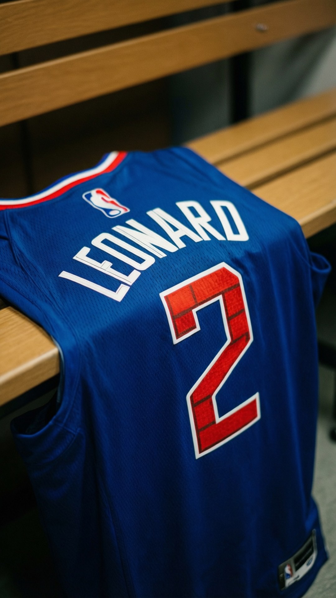 Jersey Detail Closeup 壁紙 — 一件藍色NBA球衣，上面有Leonard和紅色白色的2號，放在木長椅上。
