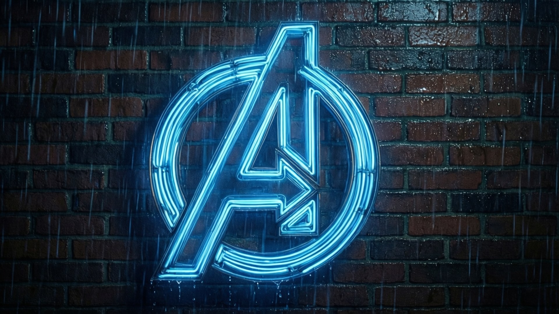 Neon Avengers Logo Rainy Night 壁紙 — 發光的藍色霓虹燈復仇者聯盟標誌在濕漉漉的磚牆上閃耀，雨水沿著表面流下。