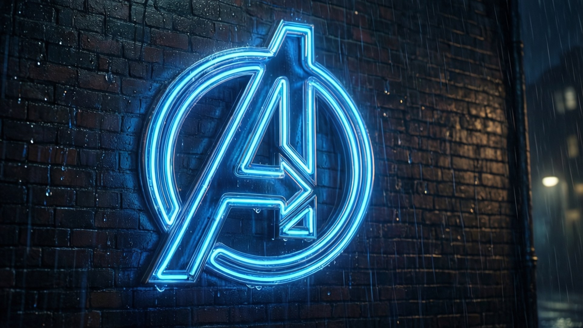 Neon Avengers Logo Rainy Night 壁紙 — 夜雨中，發光的藍色霓虹燈復仇者聯盟標誌在濕磚牆上明亮閃耀。