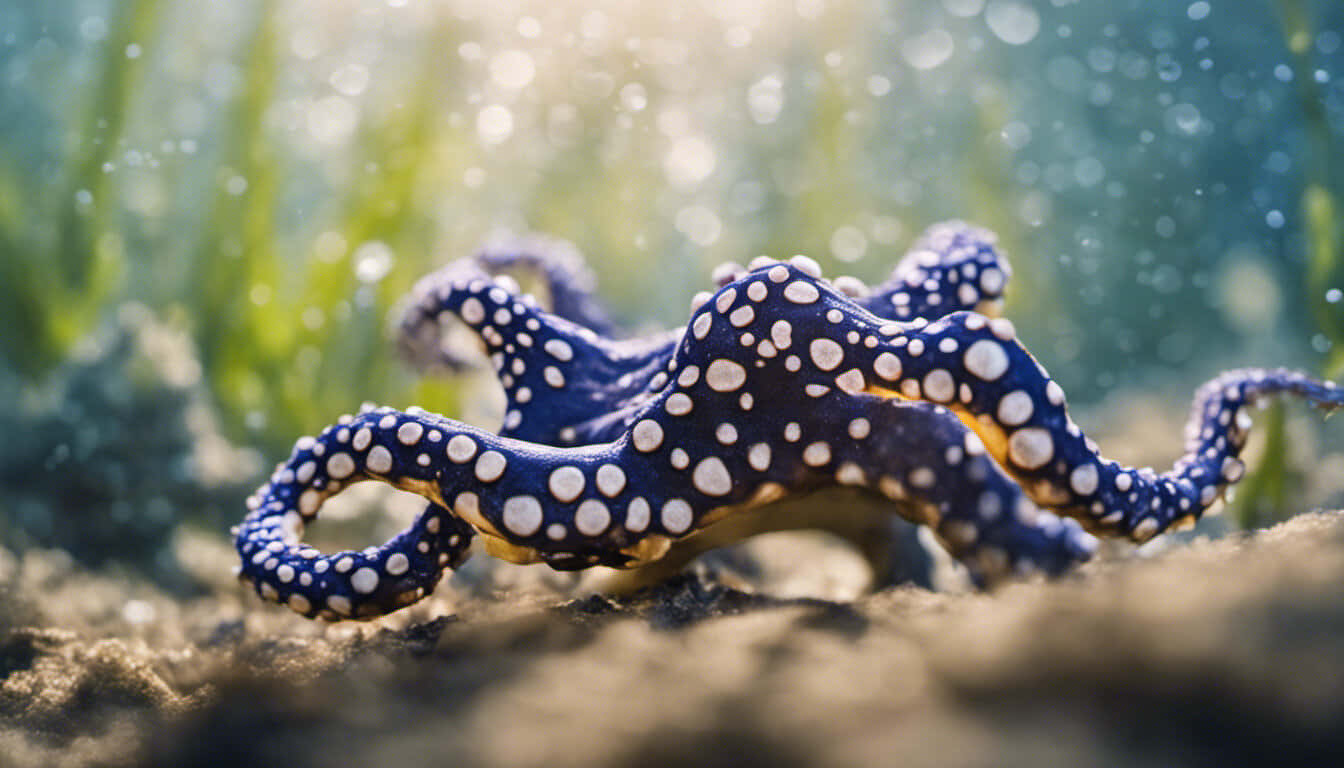  壁紙 — 一隻帶有白色斑點的藍色章魚在沙質海底休息，周圍有綠色海藻和穿過水面的陽光。