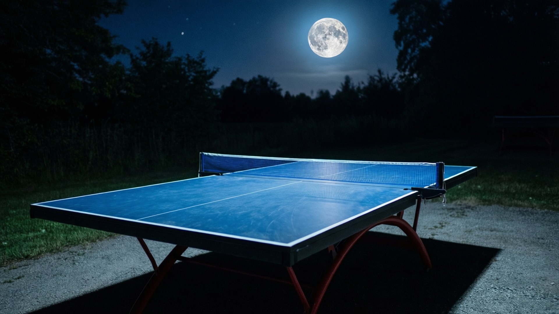Moonlit Table Tennis 壁紙 — 一張藍色戶外乒乓球桌矗立在明亮的滿月下，背景有樹木的剪影。