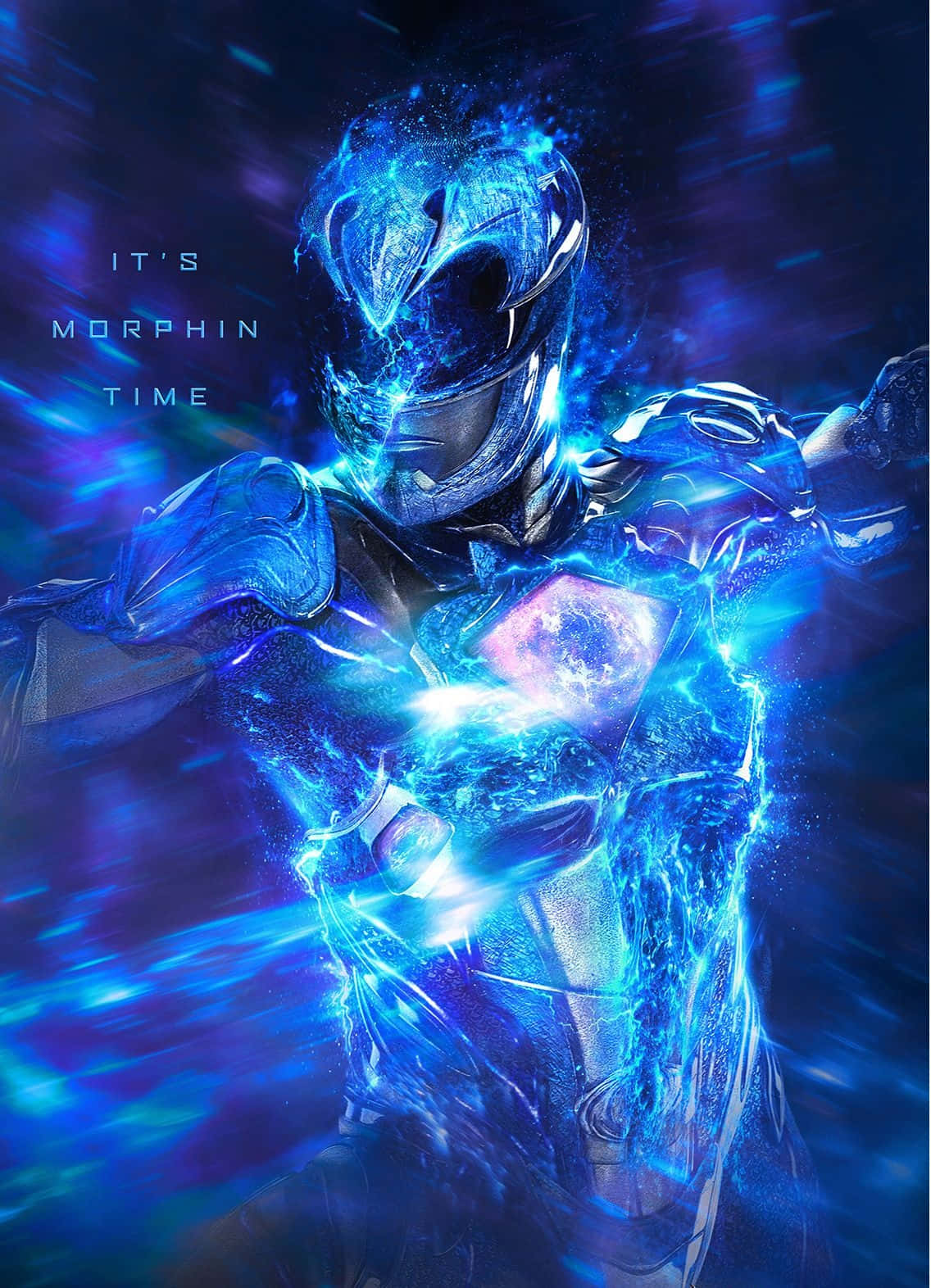  壁紙 — 藍色戰士在宇宙背景下以電能變身，並帶有發光文字。